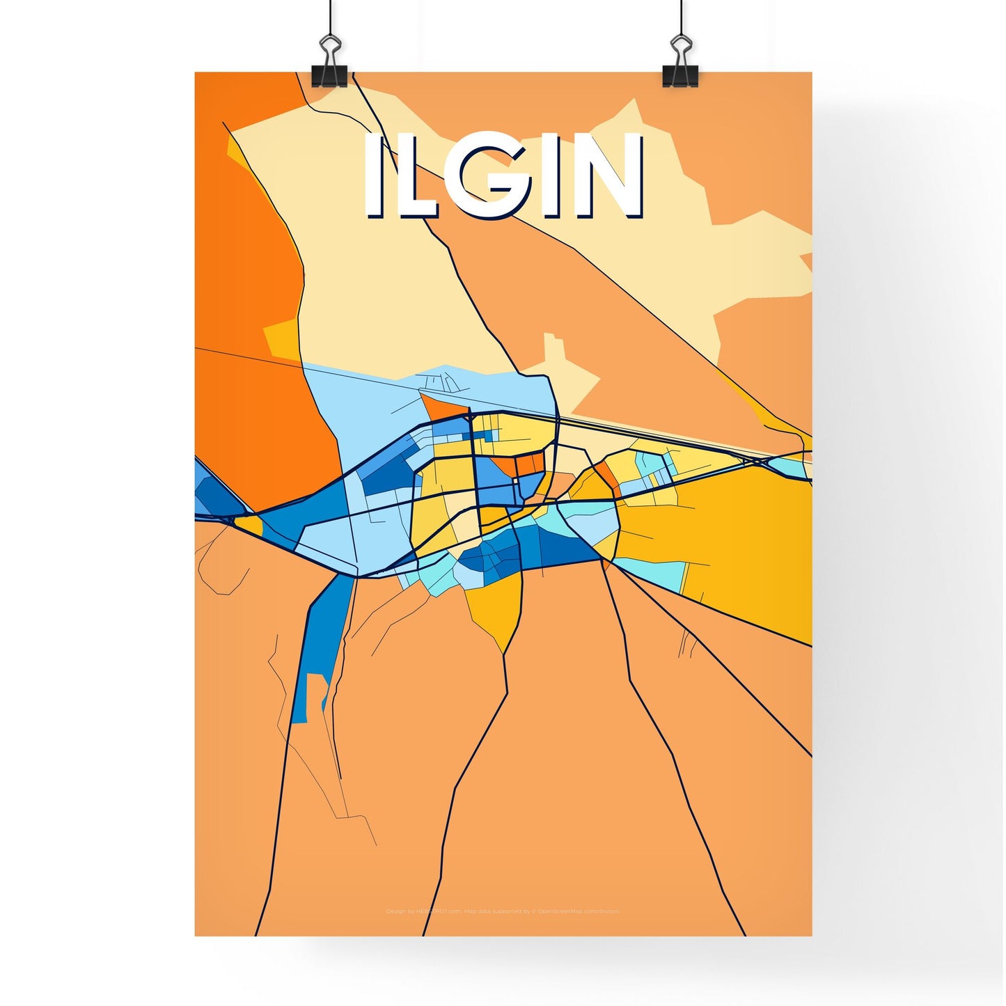 ILGIN TURKEY Vibrant Colorful Art Map Poster Blue Orange