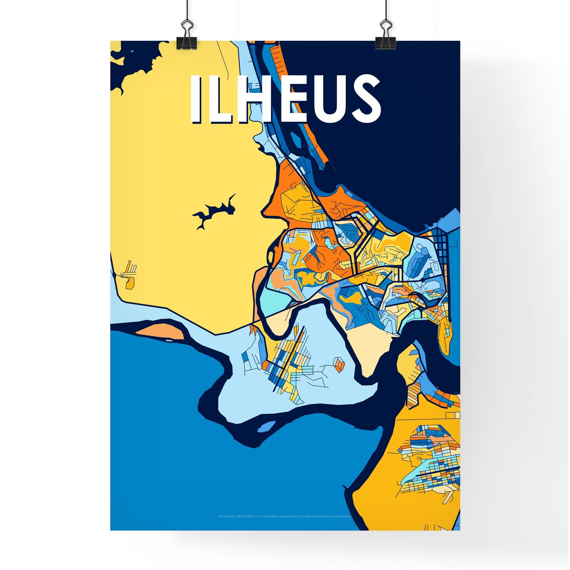 ILHEUS BRAZIL Vibrant Colorful Art Map Poster Blue Orange