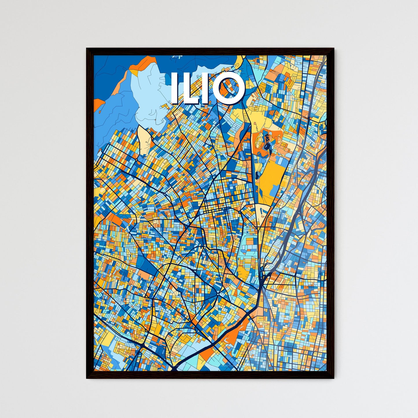 ILIO GREECE Vibrant Colorful Art Map Poster Blue Orange