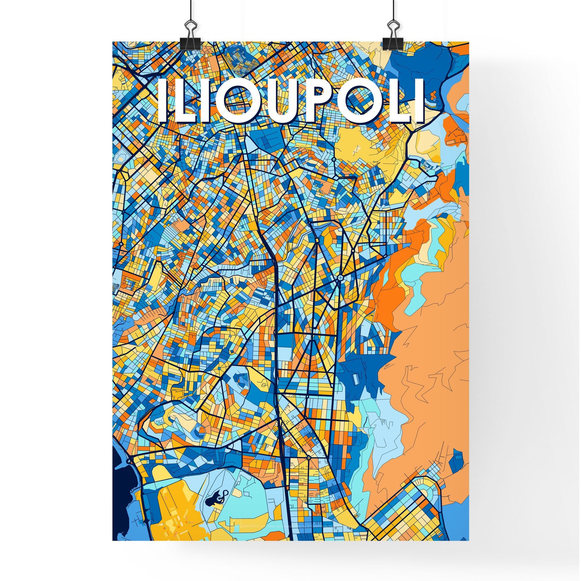 ILIOUPOLI GREECE Vibrant Colorful Art Map Poster Blue Orange