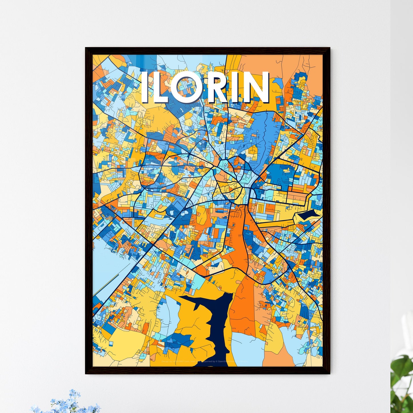 ILORIN NIGERIA Vibrant Colorful Art Map Poster Blue Orange