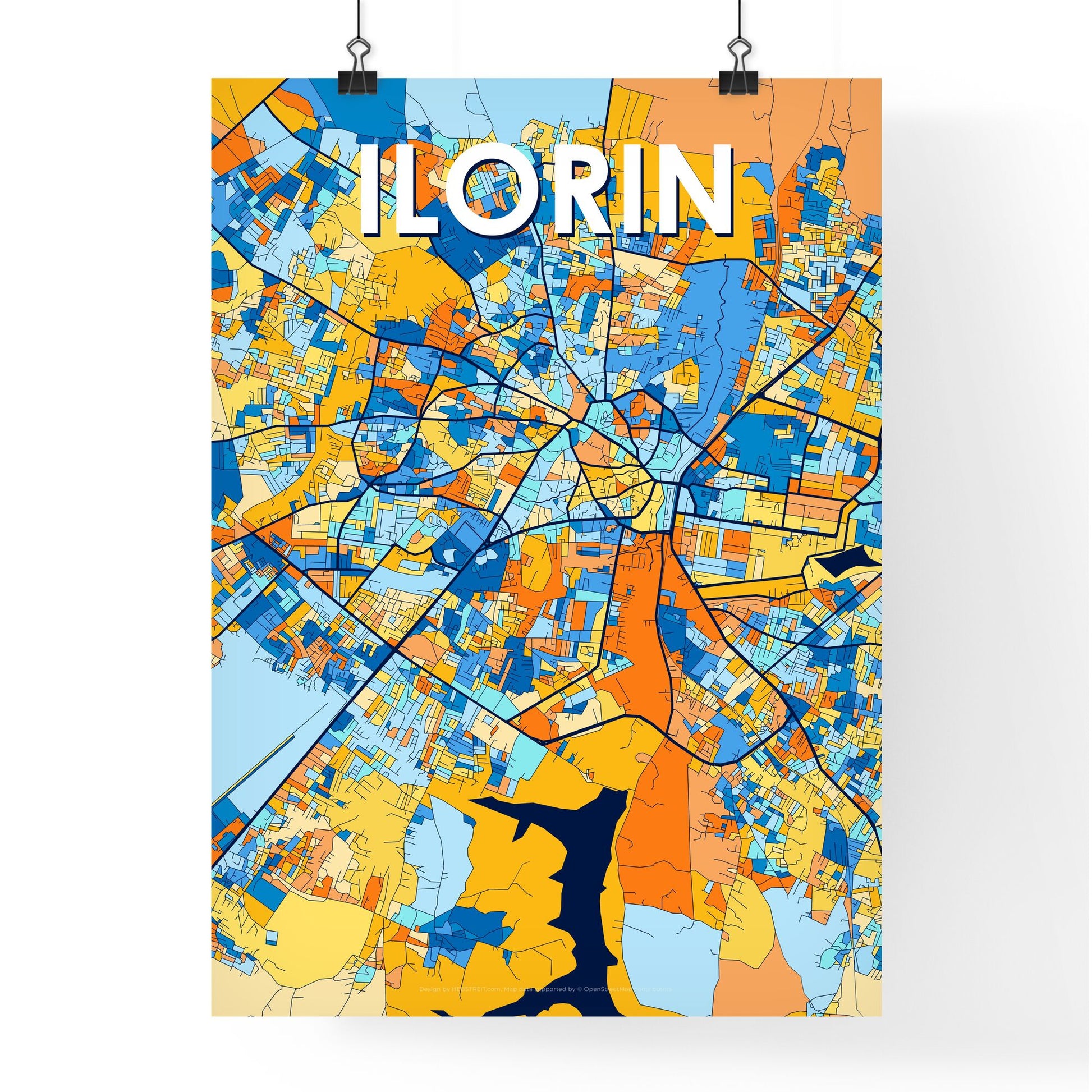 ILORIN NIGERIA Vibrant Colorful Art Map Poster Blue Orange