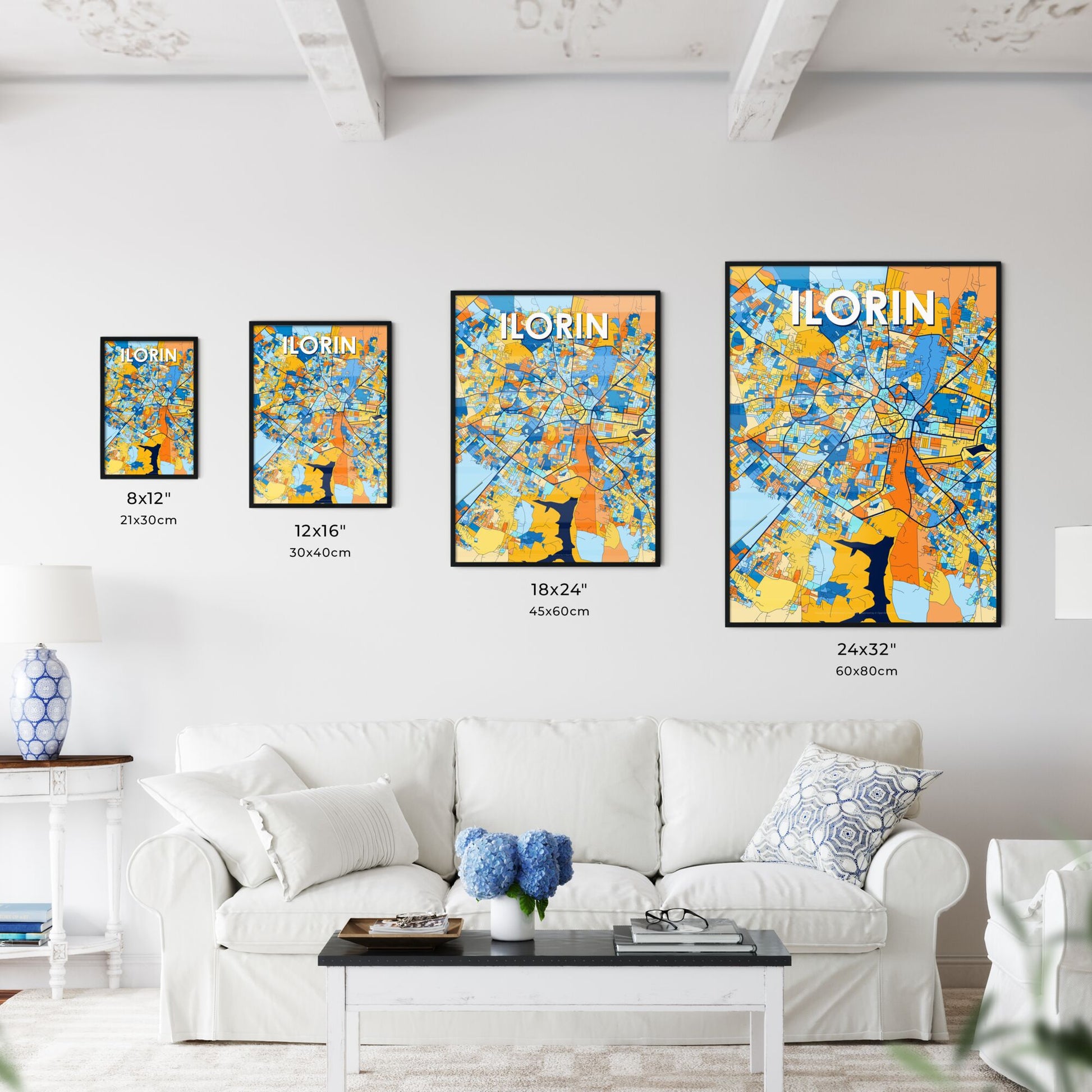 ILORIN NIGERIA Vibrant Colorful Art Map Poster Blue Orange