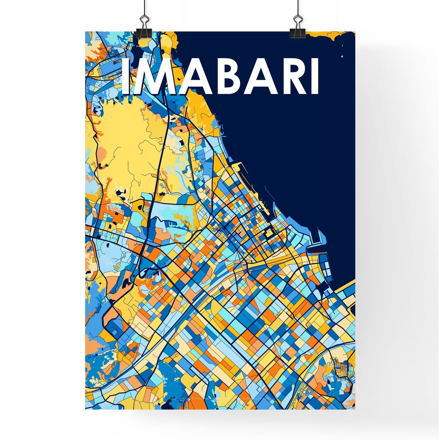 IMABARI JAPAN Vibrant Colorful Art Map Poster Blue Orange