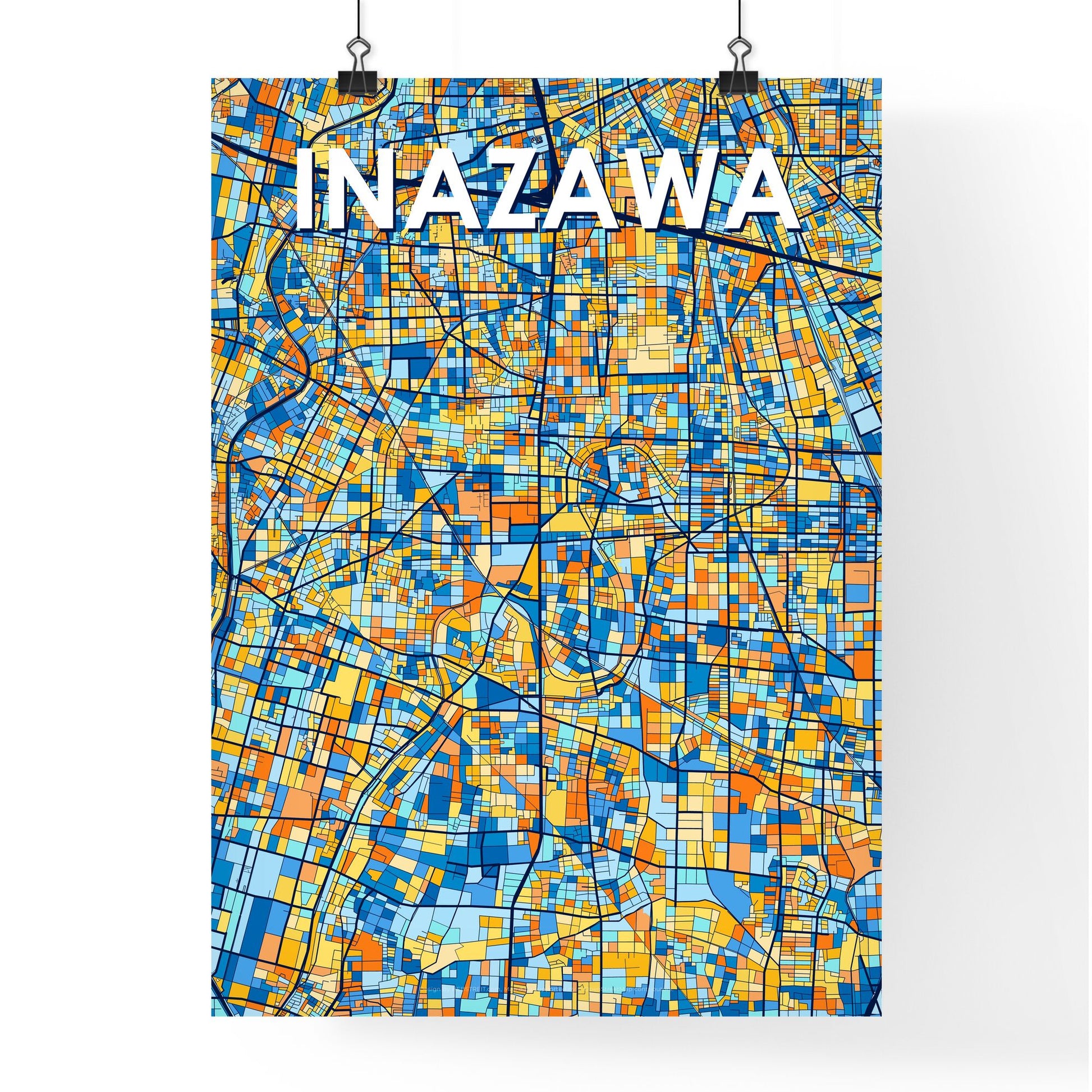 INAZAWA JAPAN Vibrant Colorful Art Map Poster Blue Orange