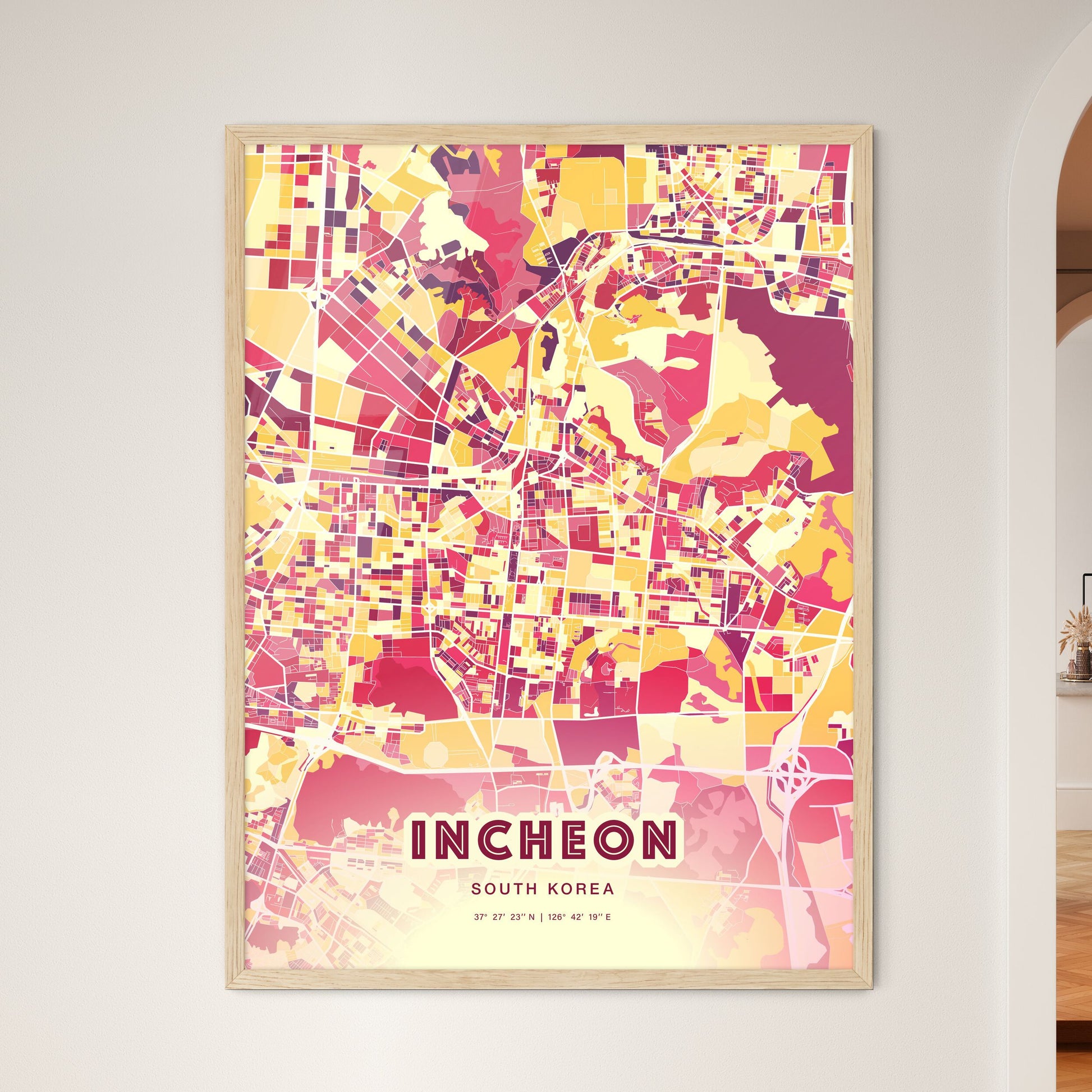 Colorful Incheon South Korea Fine Art Map Hot Red