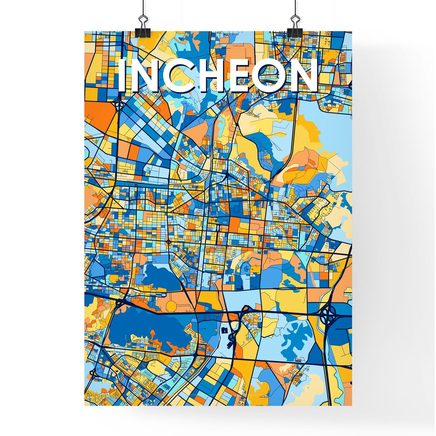 INCHEON SOUTH KOREA Vibrant Colorful Art Map Poster Blue Orange