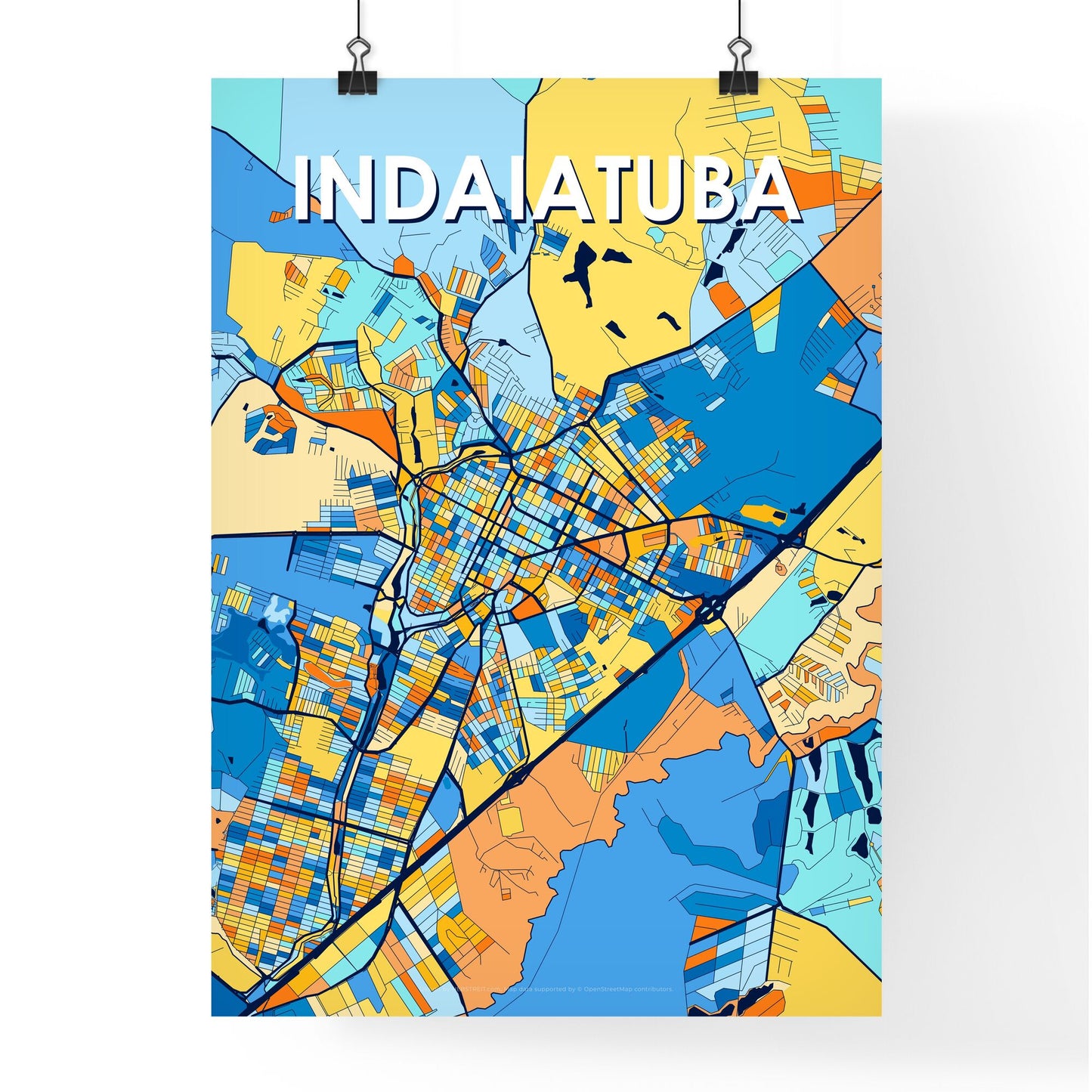 INDAIATUBA BRAZIL Vibrant Colorful Art Map Poster Blue Orange