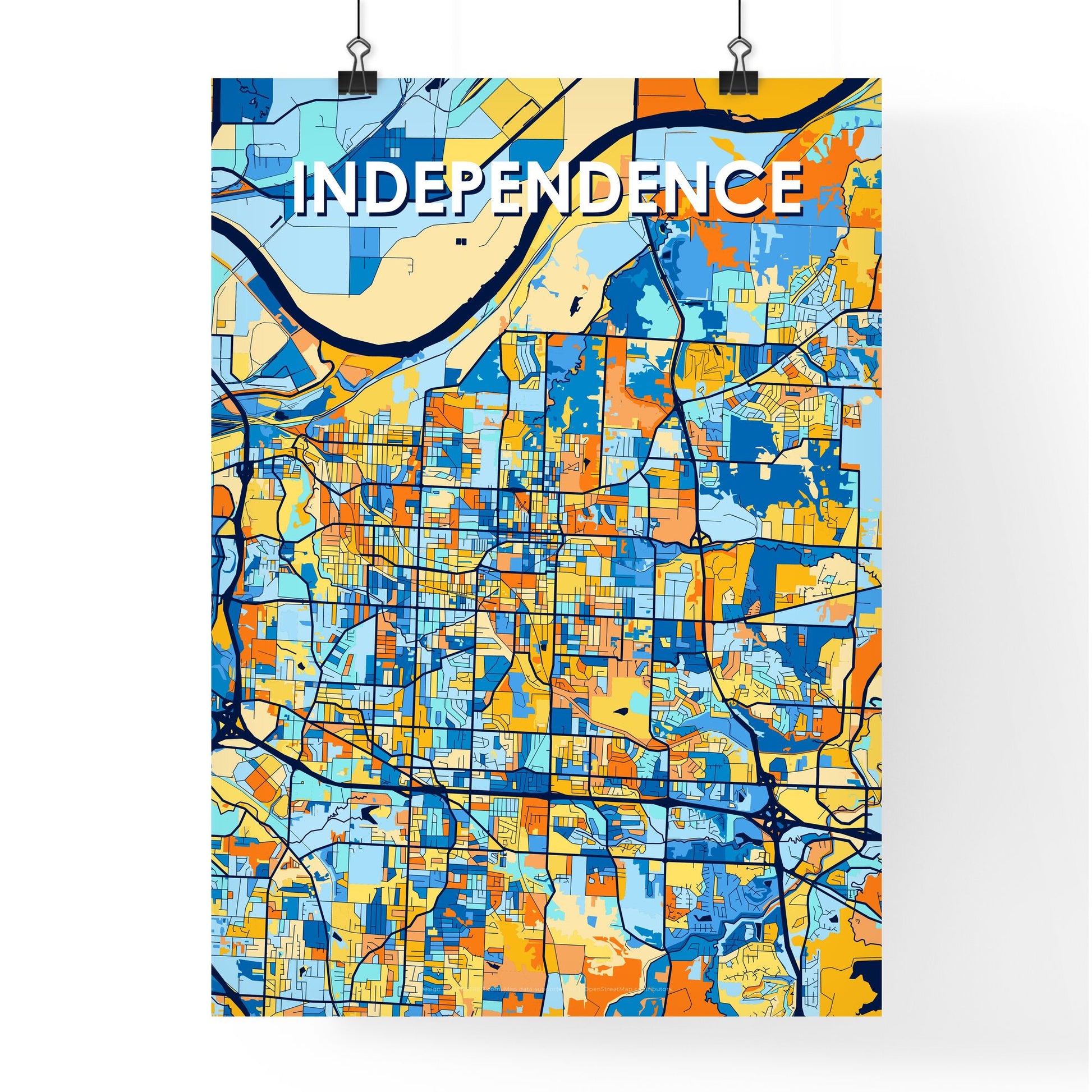 INDEPENDENCE MISSOURI Vibrant Colorful Art Map Poster Blue Orange