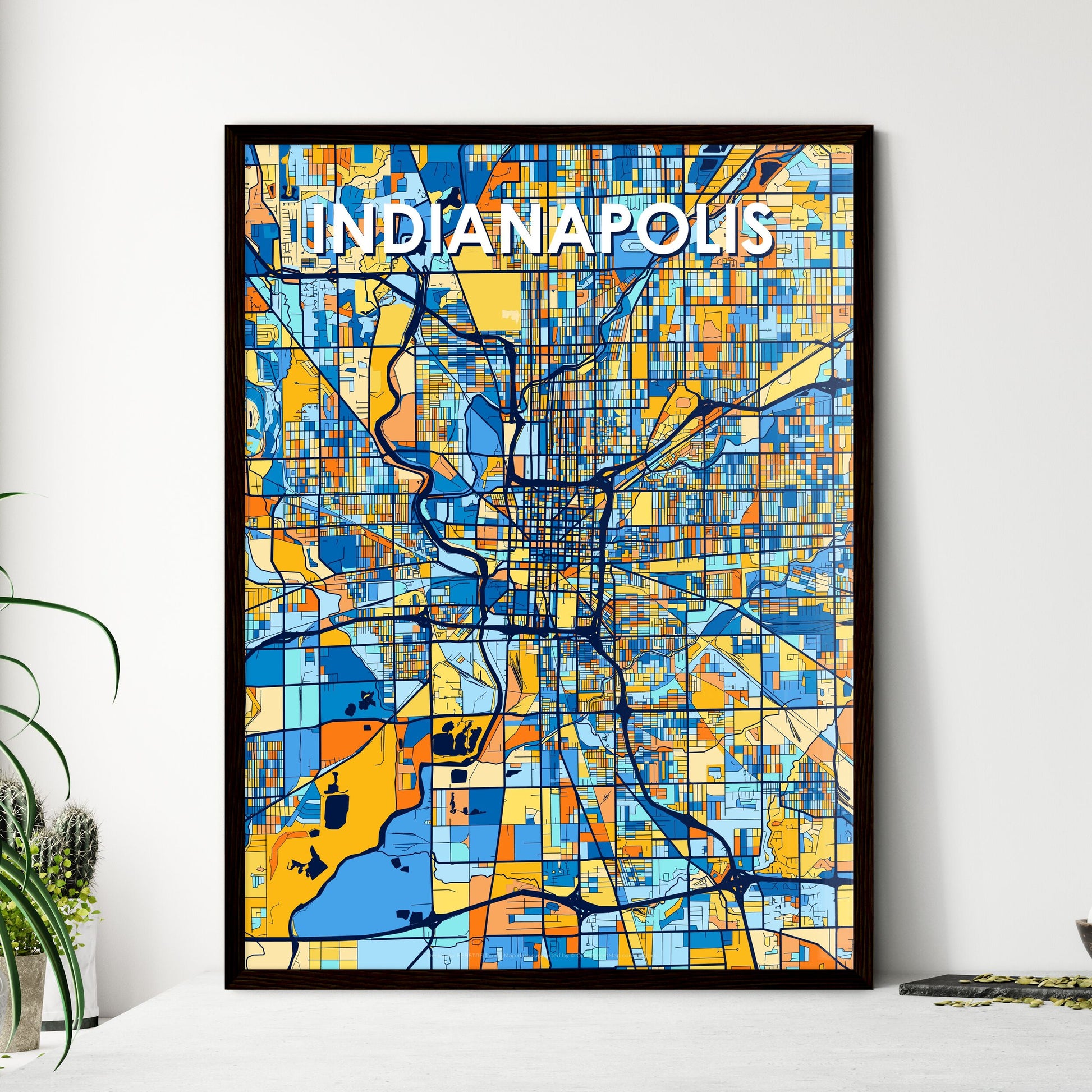 INDIANAPOLIS INDIANA Vibrant Colorful Art Map Poster Blue Orange