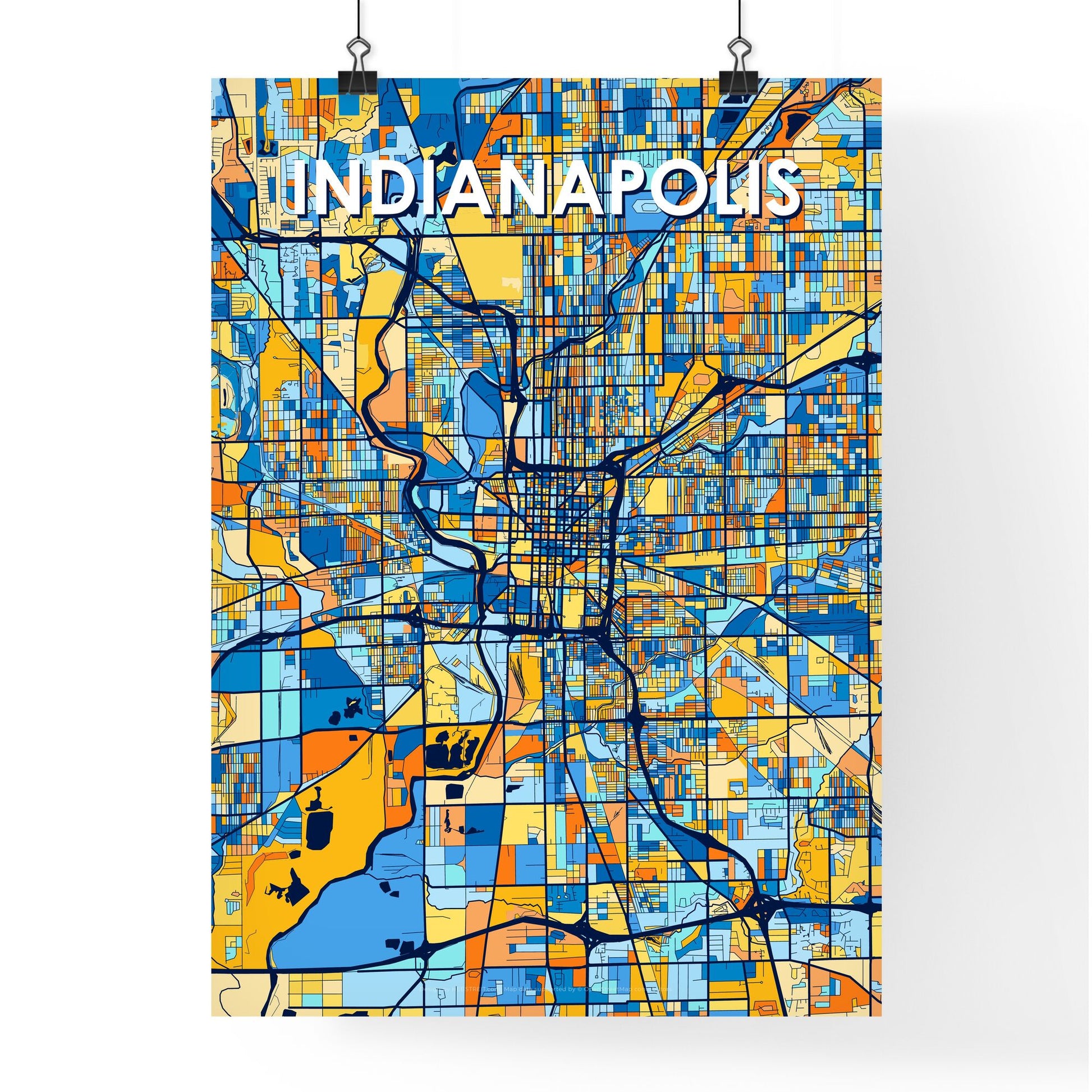 INDIANAPOLIS INDIANA Vibrant Colorful Art Map Poster Blue Orange