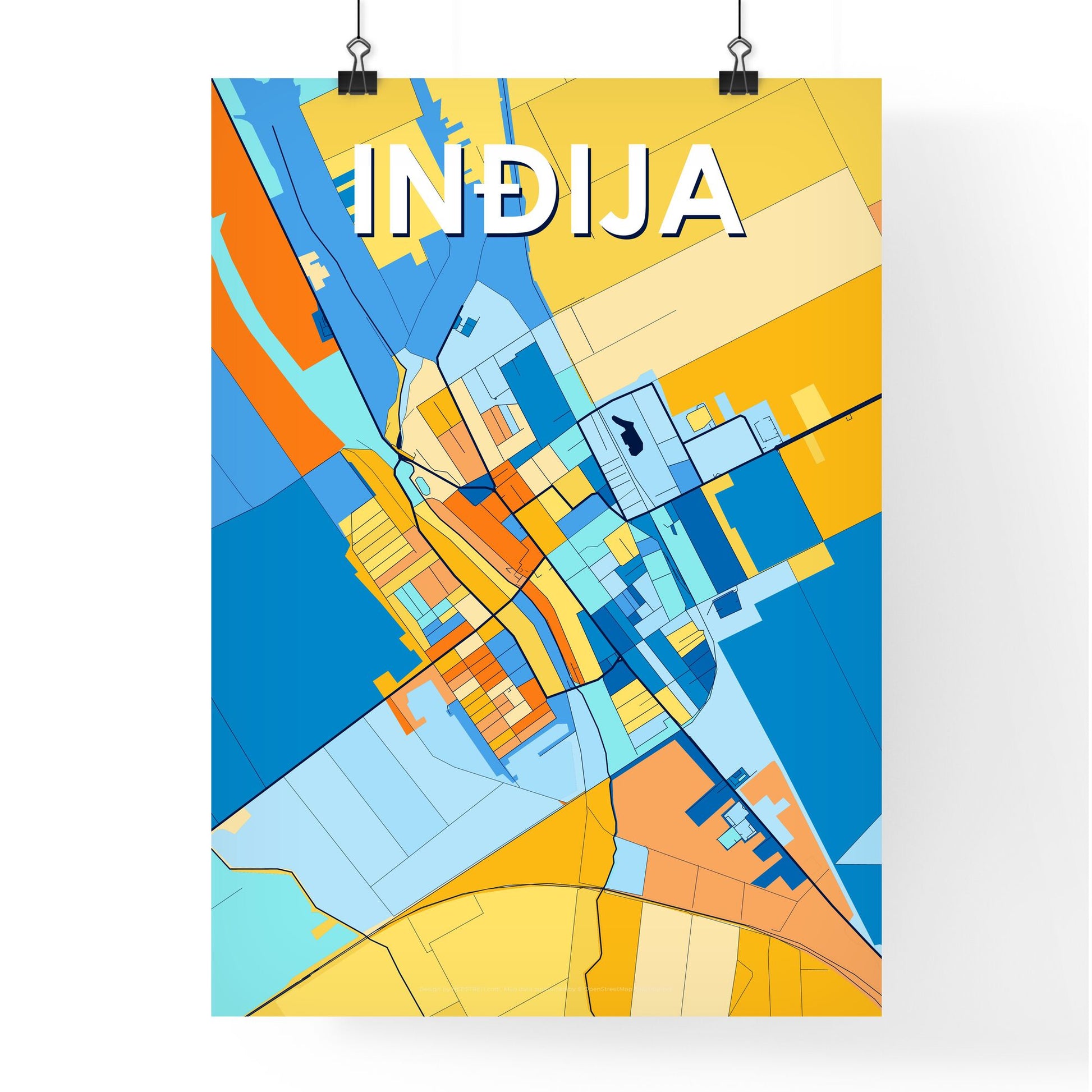 INĐIJA SERBIA Vibrant Colorful Art Map Poster Blue Orange