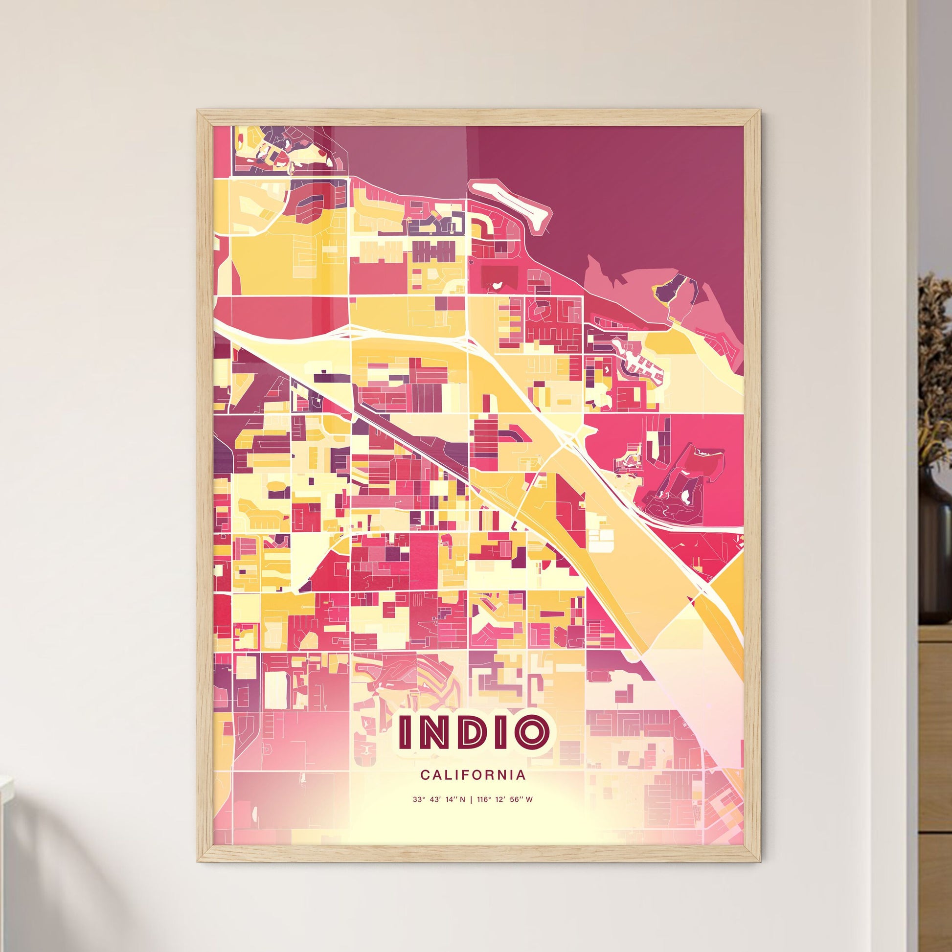 Colorful Indio California Fine Art Map Hot Red