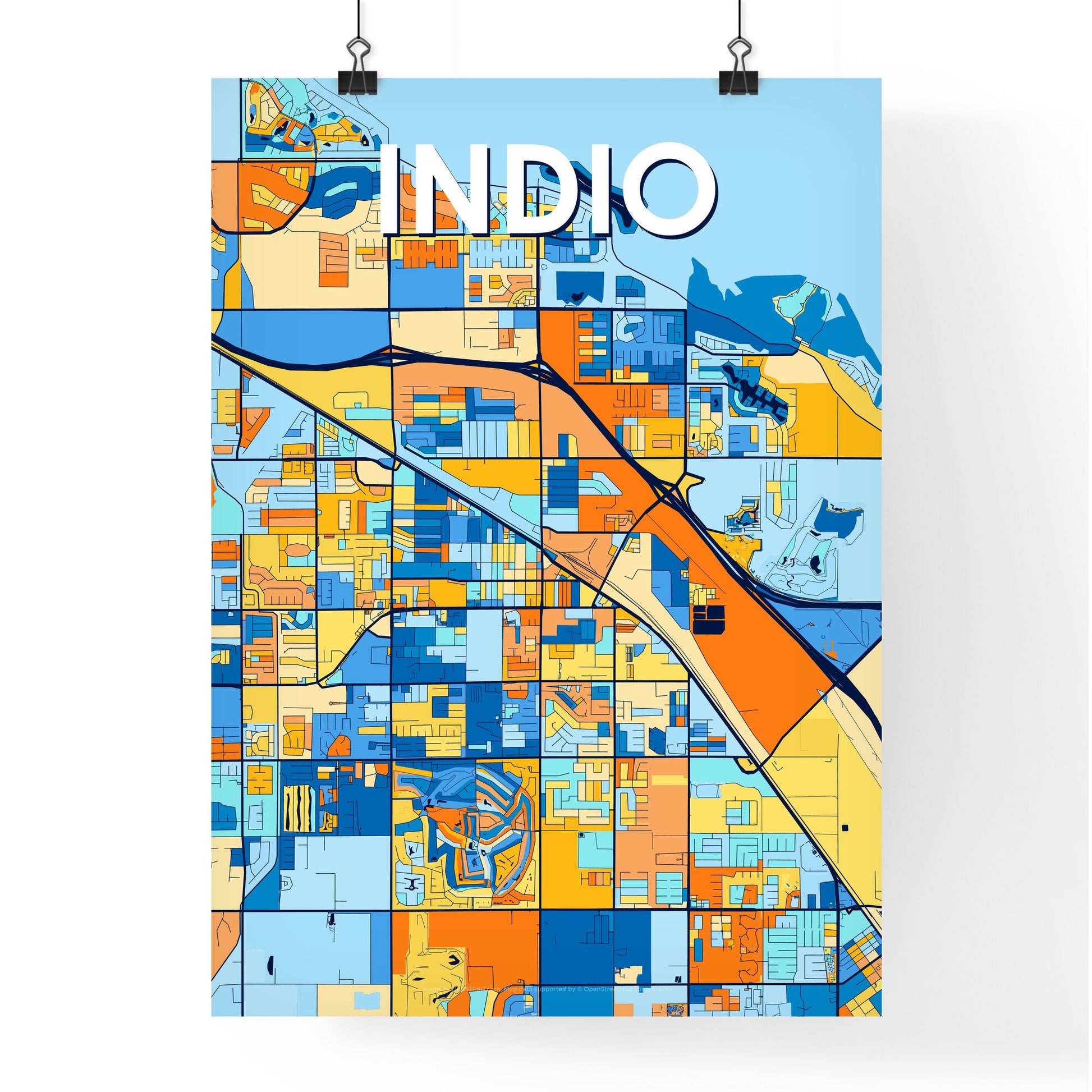 INDIO CALIFORNIA Vibrant Colorful Art Map Poster Blue Orange