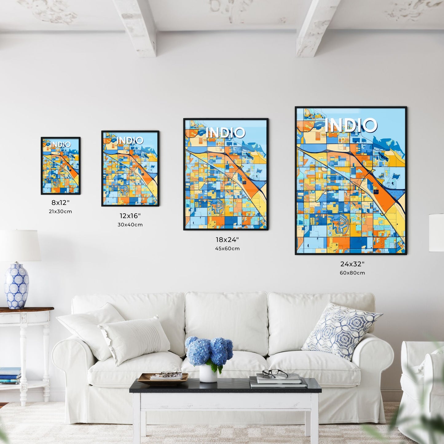 INDIO CALIFORNIA Vibrant Colorful Art Map Poster Blue Orange