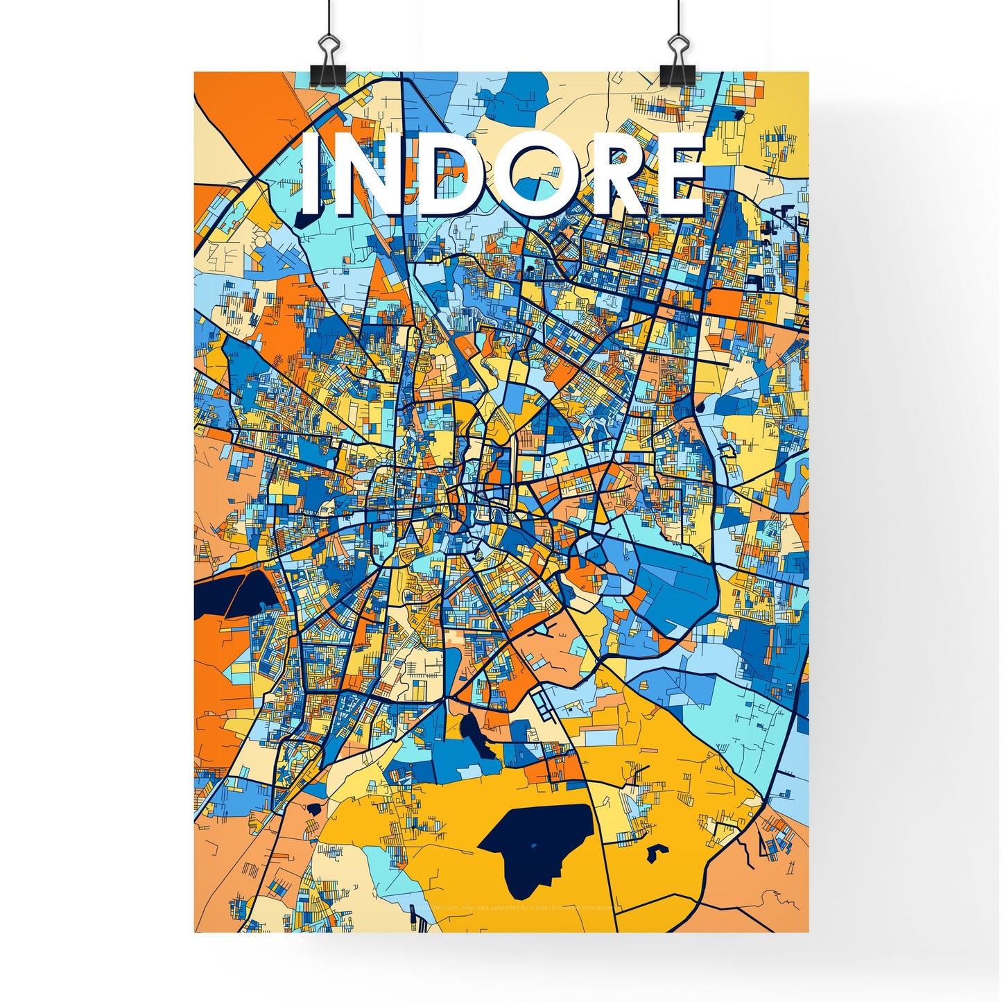 INDORE INDIA Vibrant Colorful Art Map Poster Blue Orange