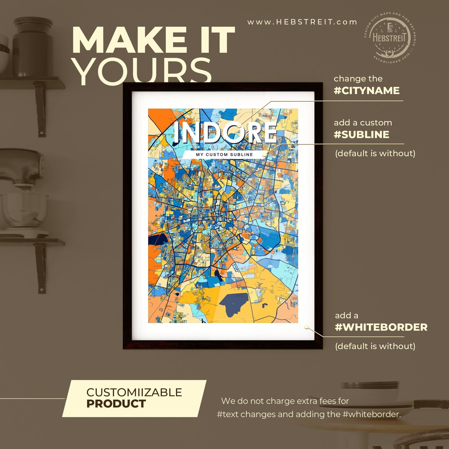 INDORE INDIA Vibrant Colorful Art Map Poster Blue Orange