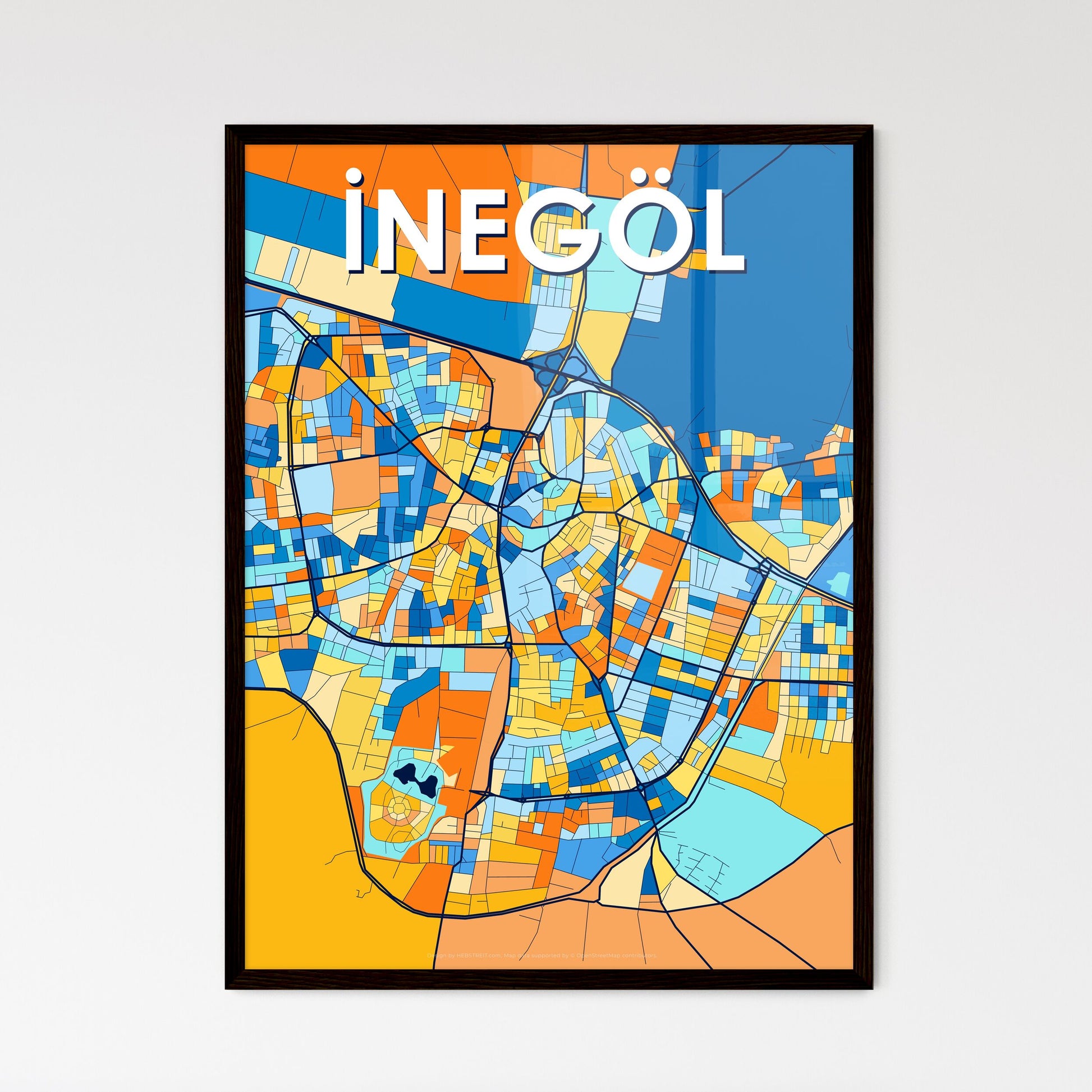 İNEGÖL TURKEY Vibrant Colorful Art Map Poster Blue Orange