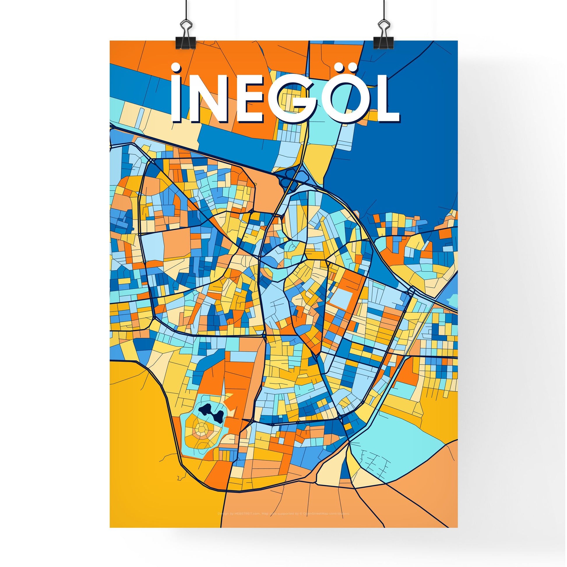 İNEGÖL TURKEY Vibrant Colorful Art Map Poster Blue Orange