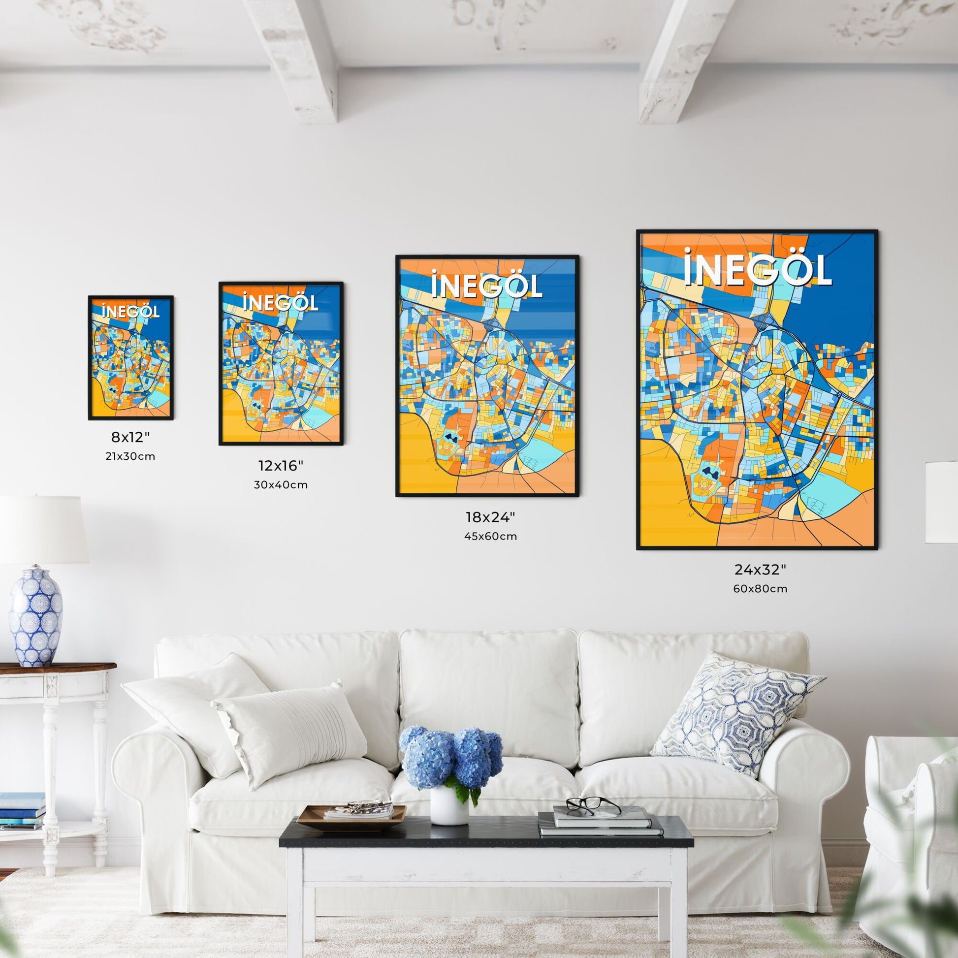 İNEGÖL TURKEY Vibrant Colorful Art Map Poster Blue Orange