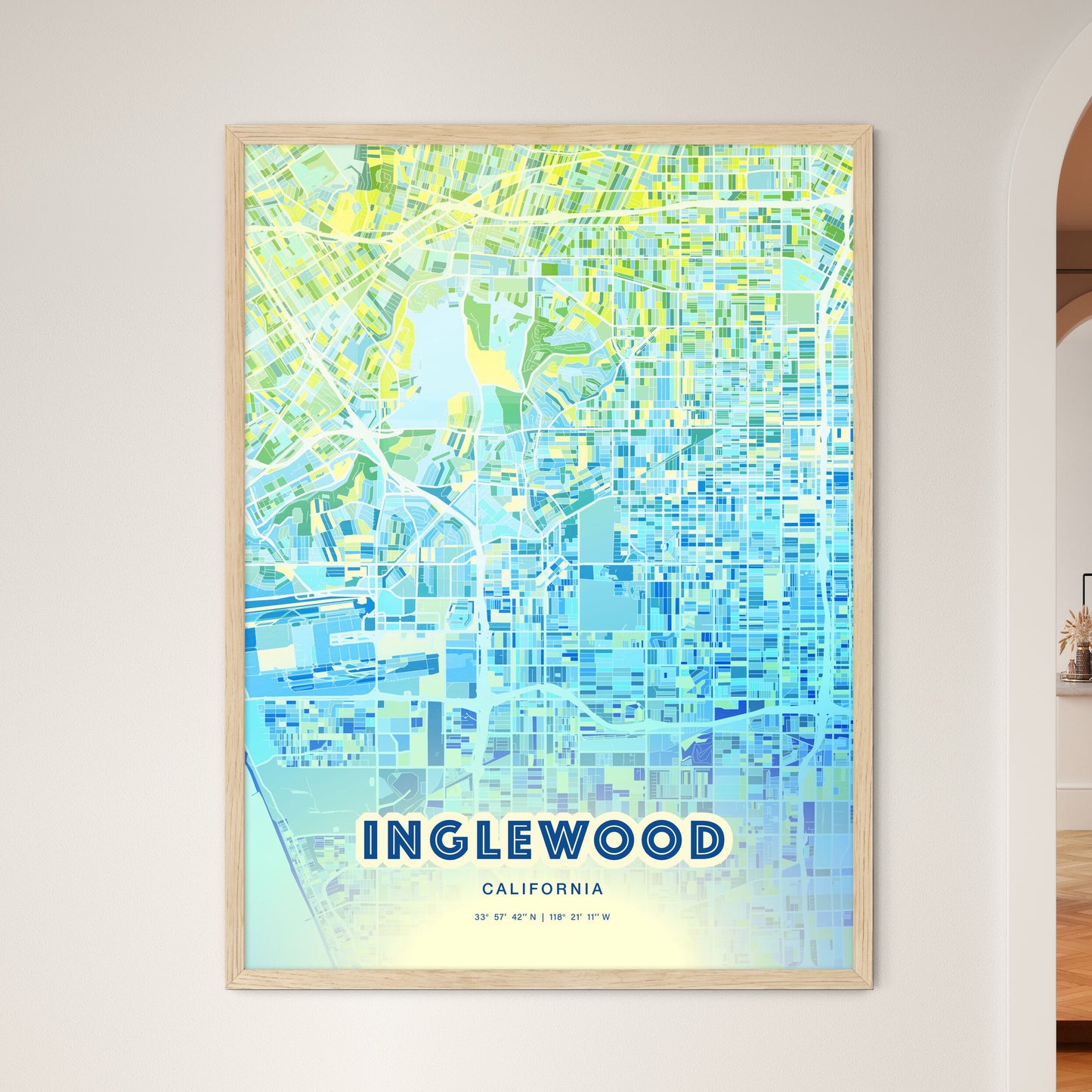 Colorful Inglewood California Fine Art Map Cool Blue