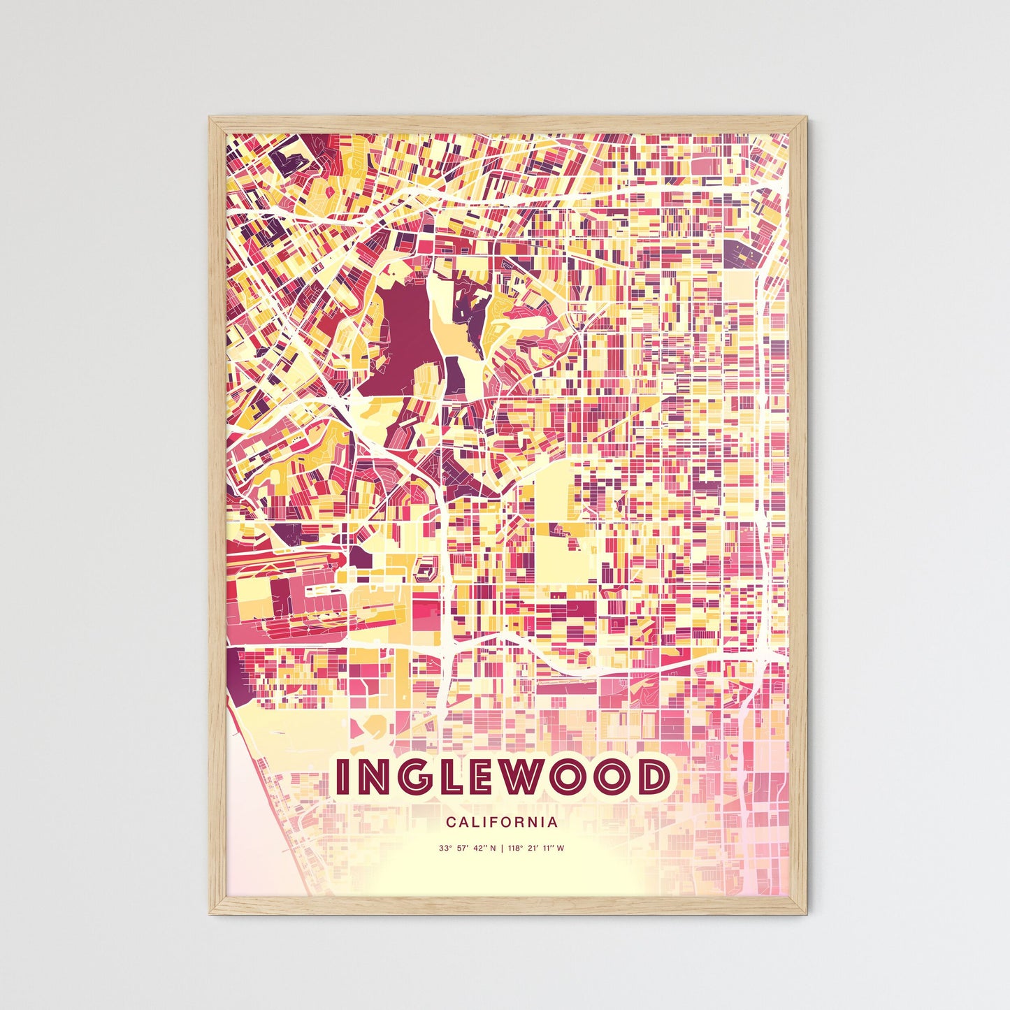 Colorful Inglewood California Fine Art Map Hot Red
