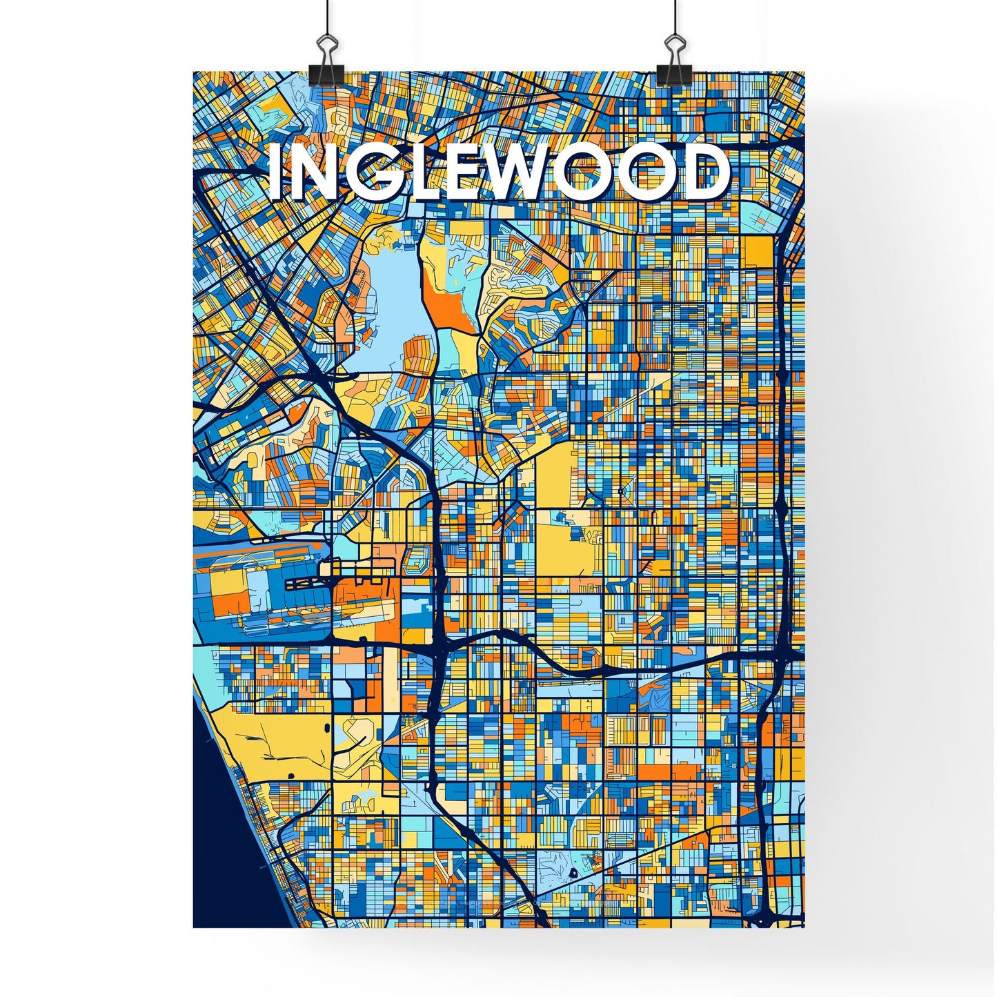 INGLEWOOD CALIFORNIA Vibrant Colorful Art Map Poster Blue Orange