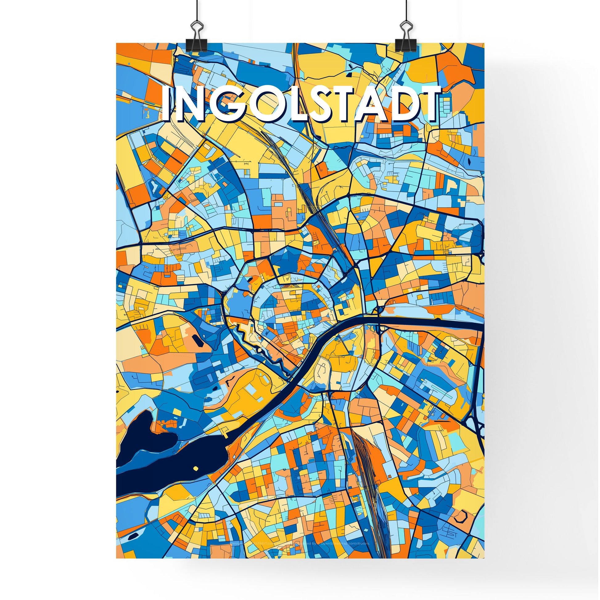 INGOLSTADT GERMANY Vibrant Colorful Art Map Poster Blue Orange