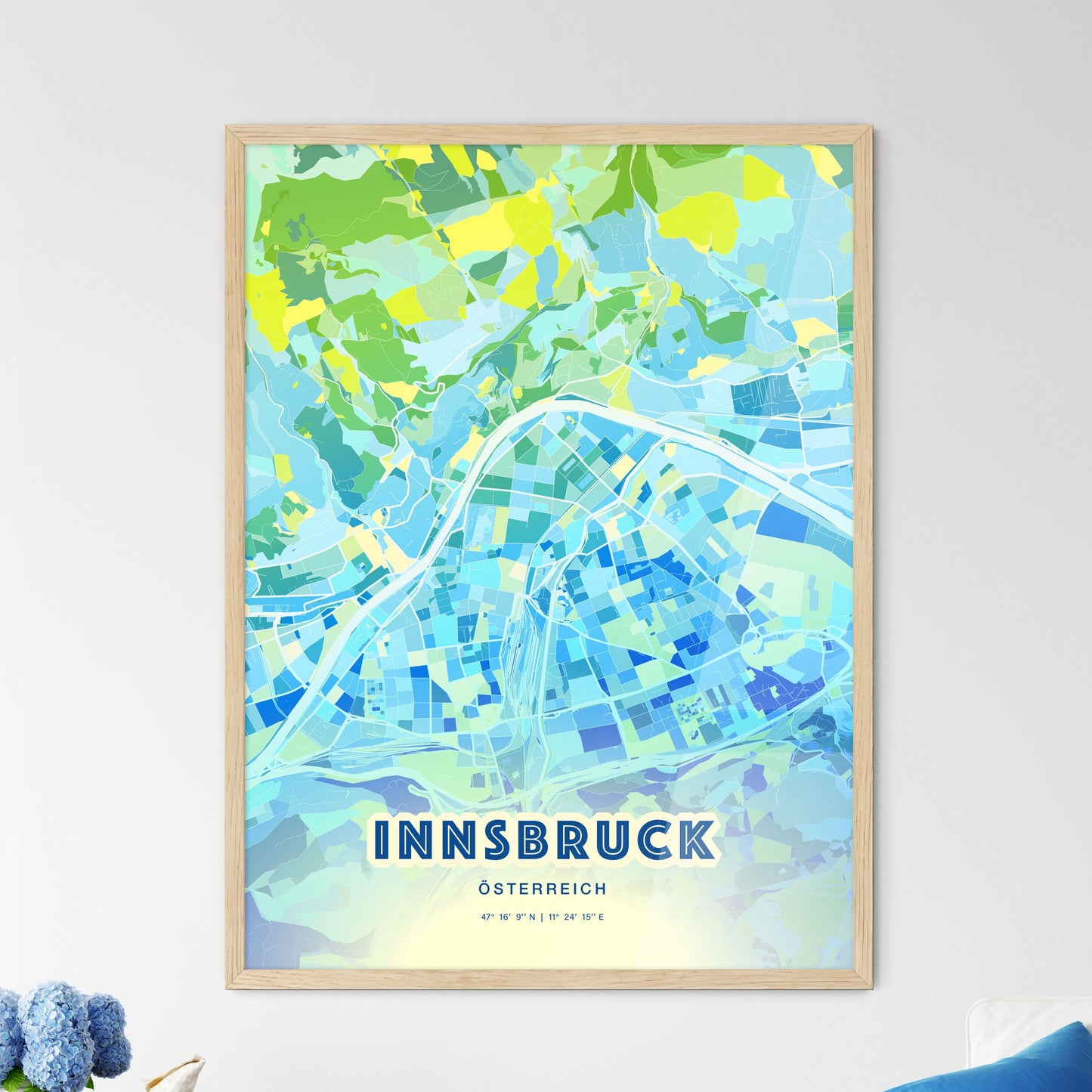 Colorful Innsbruck Austria Fine Art Map Cool Blue