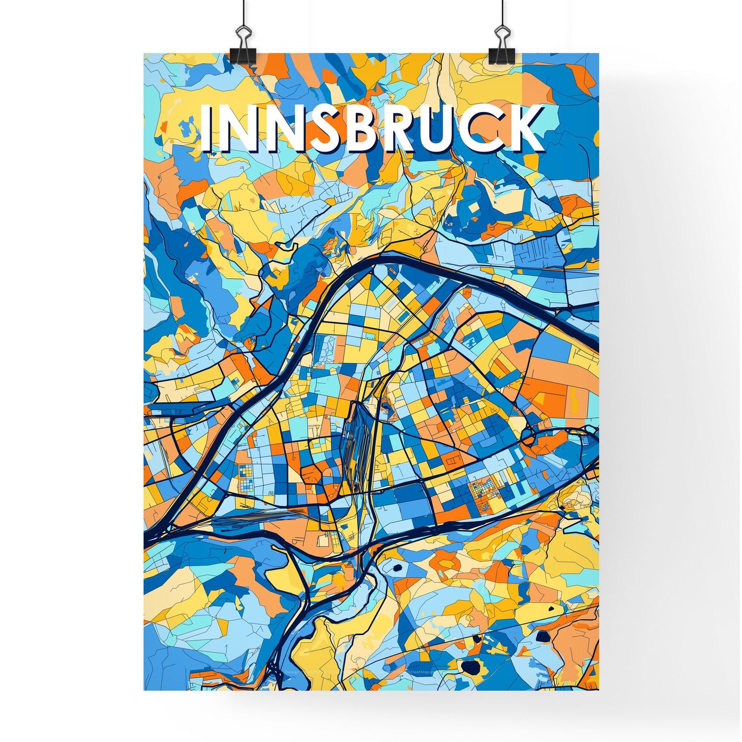 INNSBRUCK AUSTRIA Vibrant Colorful Art Map Poster Blue Orange