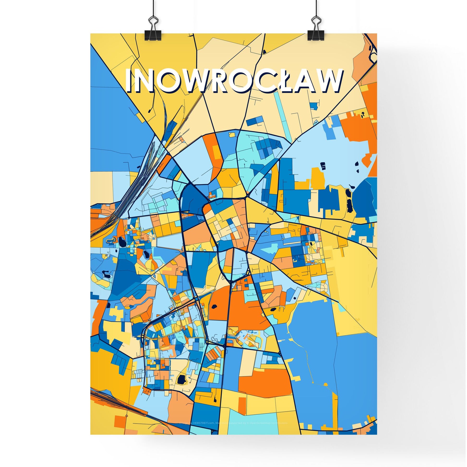 INOWROCŁAW POLAND Vibrant Colorful Art Map Poster Blue Orange