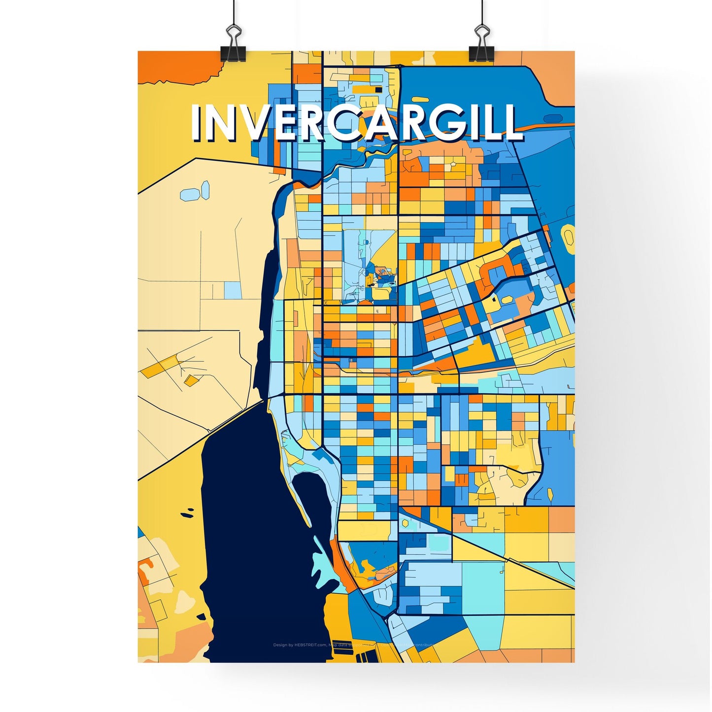 INVERCARGILL NEW ZEALAND Vibrant Colorful Art Map Poster Blue Orange