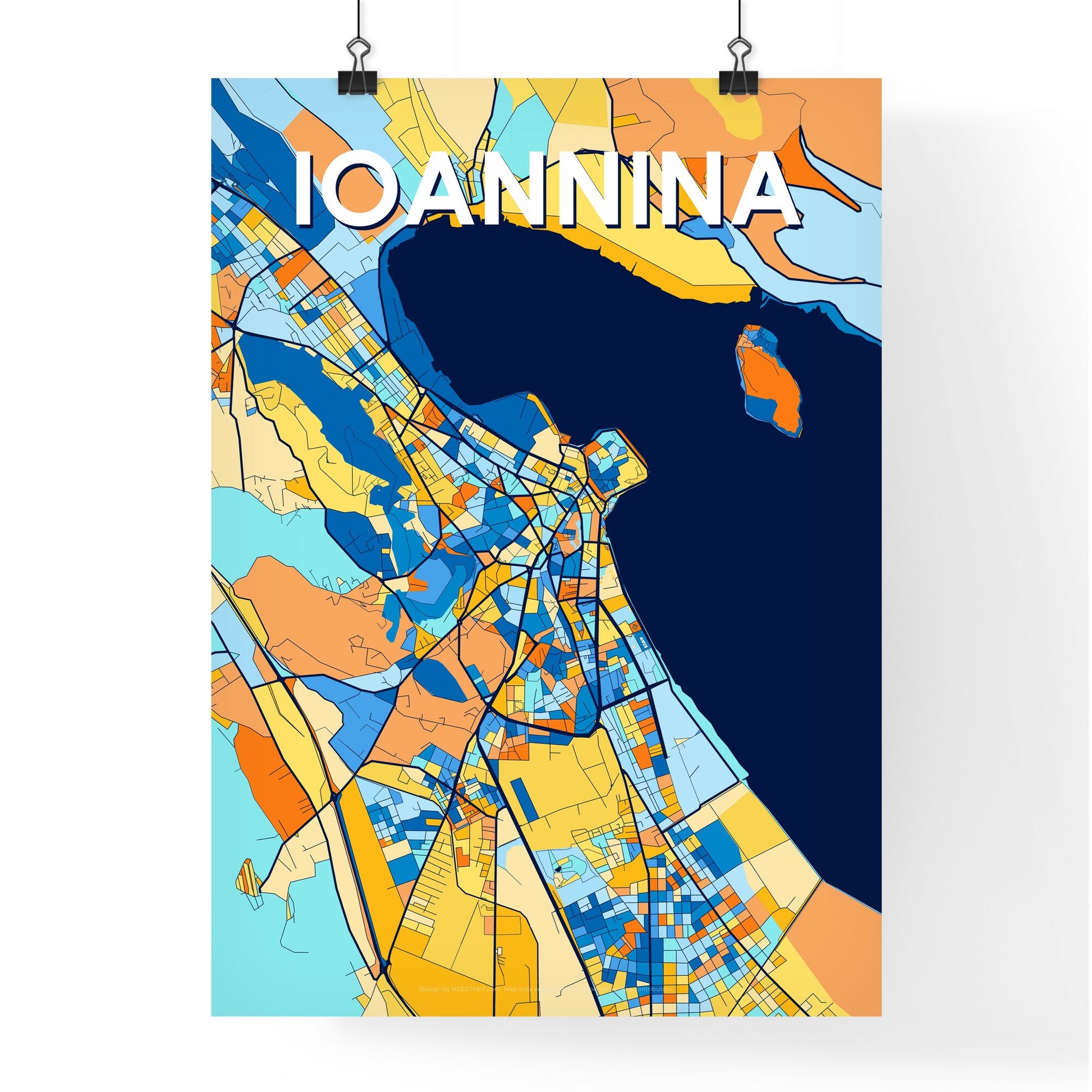 IOANNINA GREECE Vibrant Colorful Art Map Poster Blue Orange