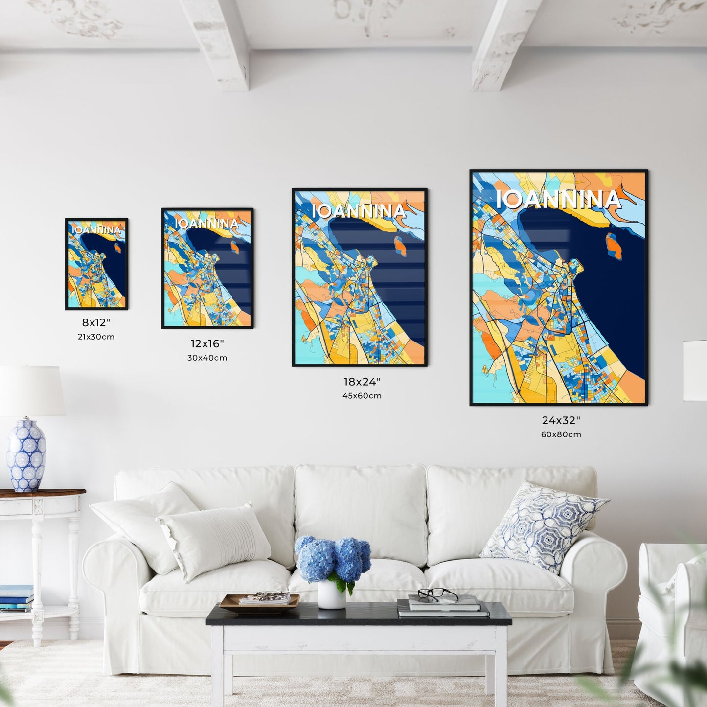 IOANNINA GREECE Vibrant Colorful Art Map Poster Blue Orange