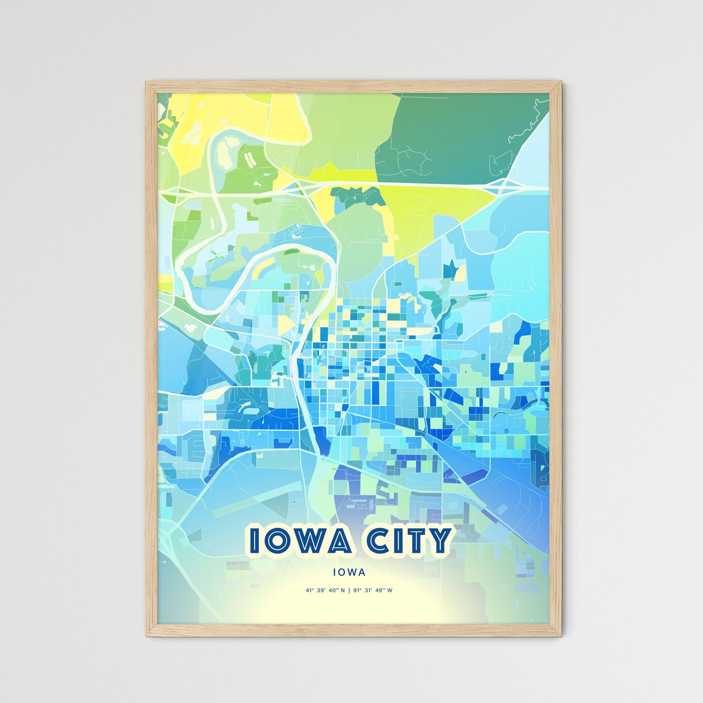 Colorful Iowa City Iowa Fine Art Map Cool Blue