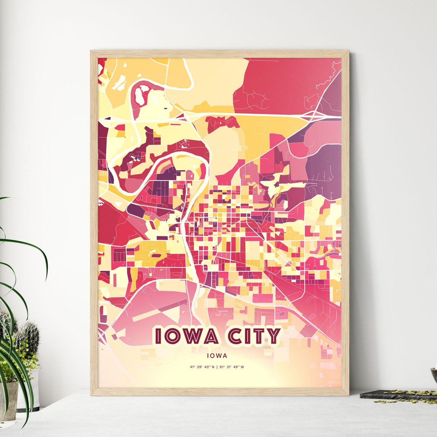 Colorful Iowa City Iowa Fine Art Map Hot Red