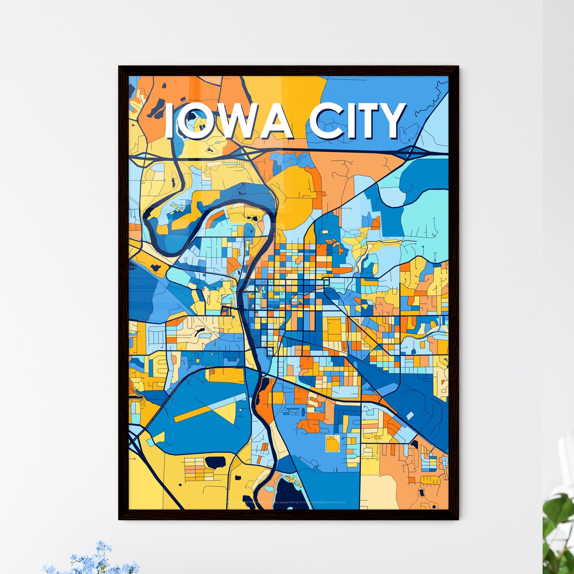 IOWA CITY IOWA Vibrant Colorful Art Map Poster Blue Orange