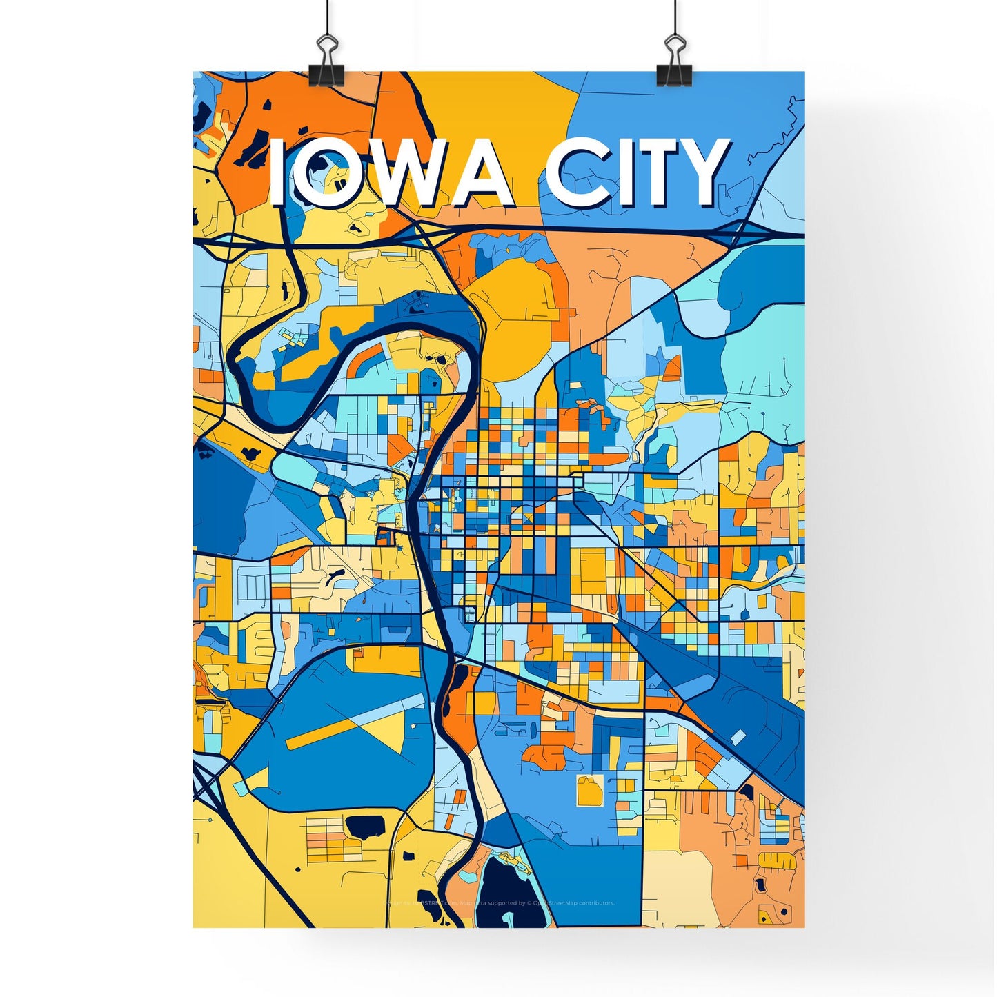 IOWA CITY IOWA Vibrant Colorful Art Map Poster Blue Orange