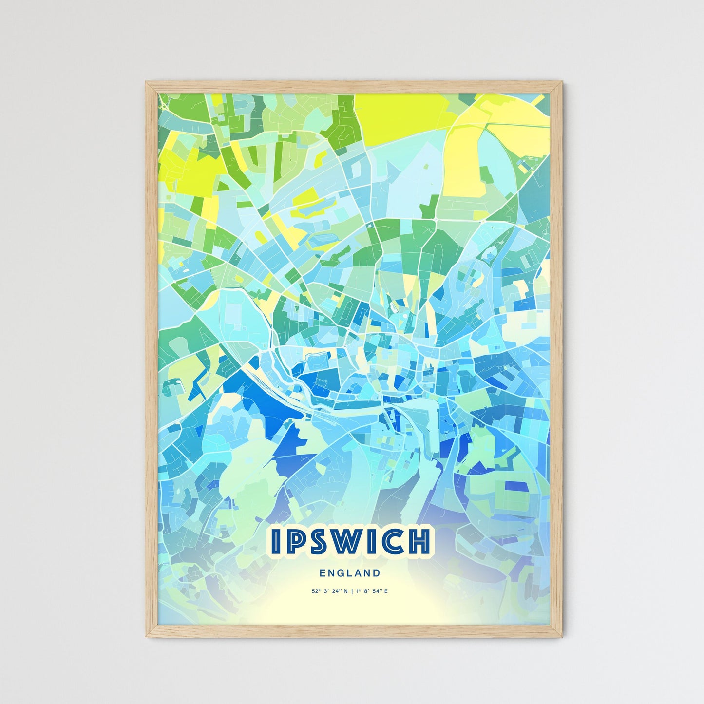 Colorful Ipswich England Fine Art Map Cool Blue