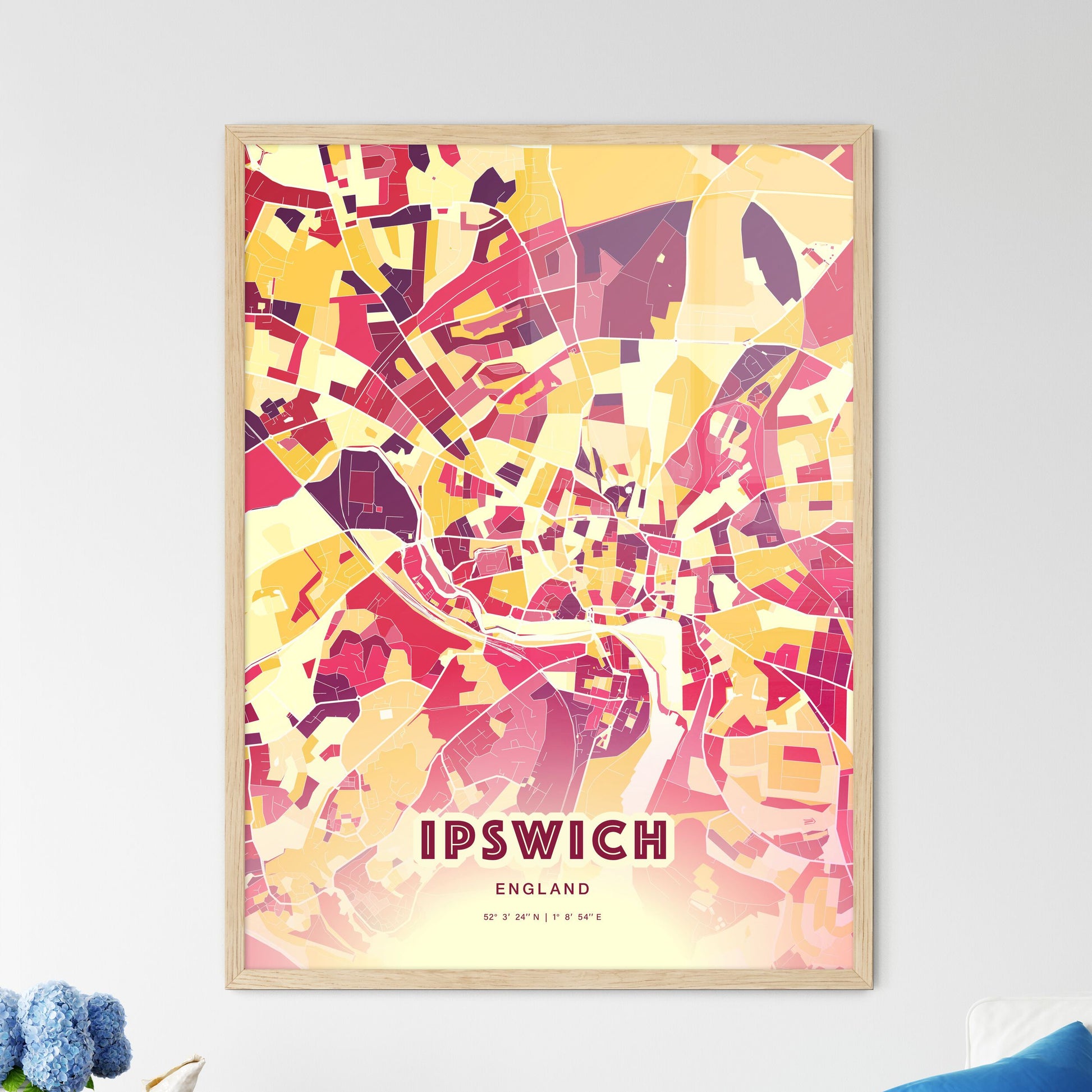 Colorful Ipswich England Fine Art Map Hot Red