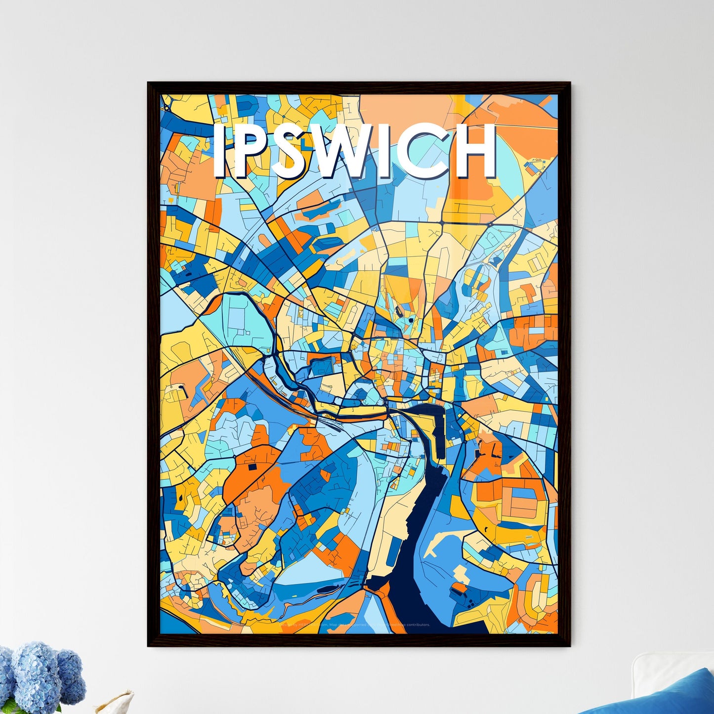 IPSWICH ENGLAND Vibrant Colorful Art Map Poster Blue Orange