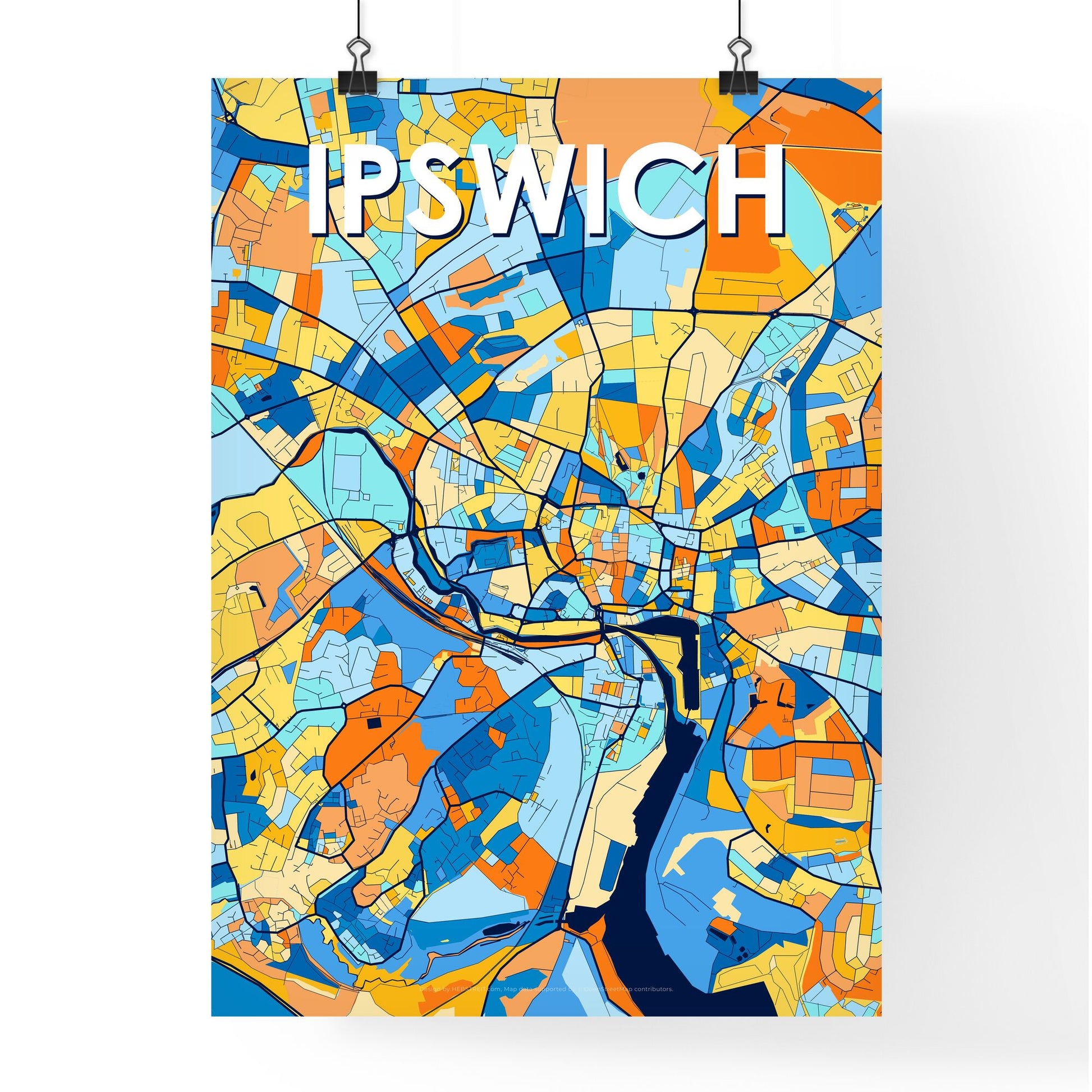 IPSWICH ENGLAND Vibrant Colorful Art Map Poster Blue Orange