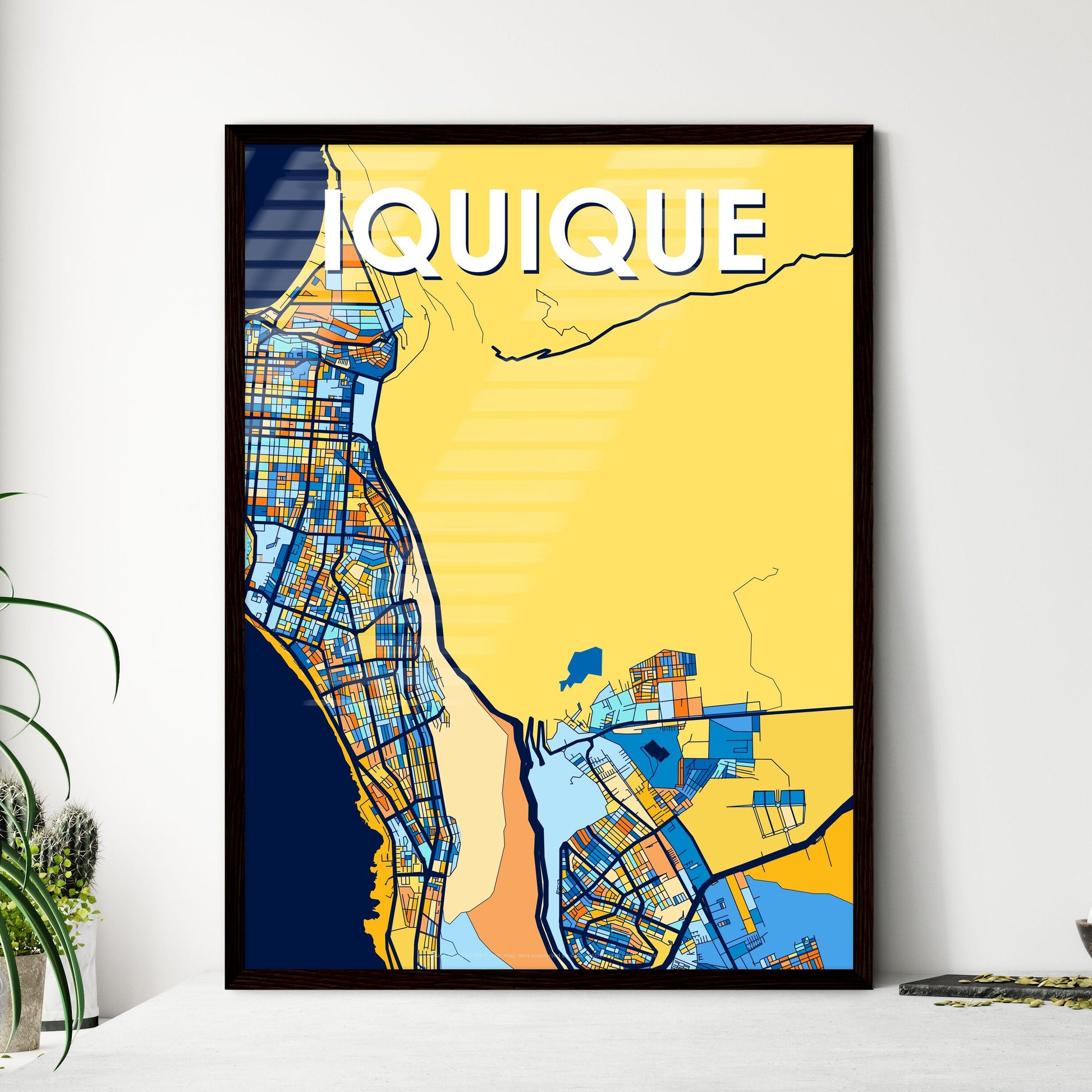 IQUIQUE CHILE Vibrant Colorful Art Map Poster Blue Orange