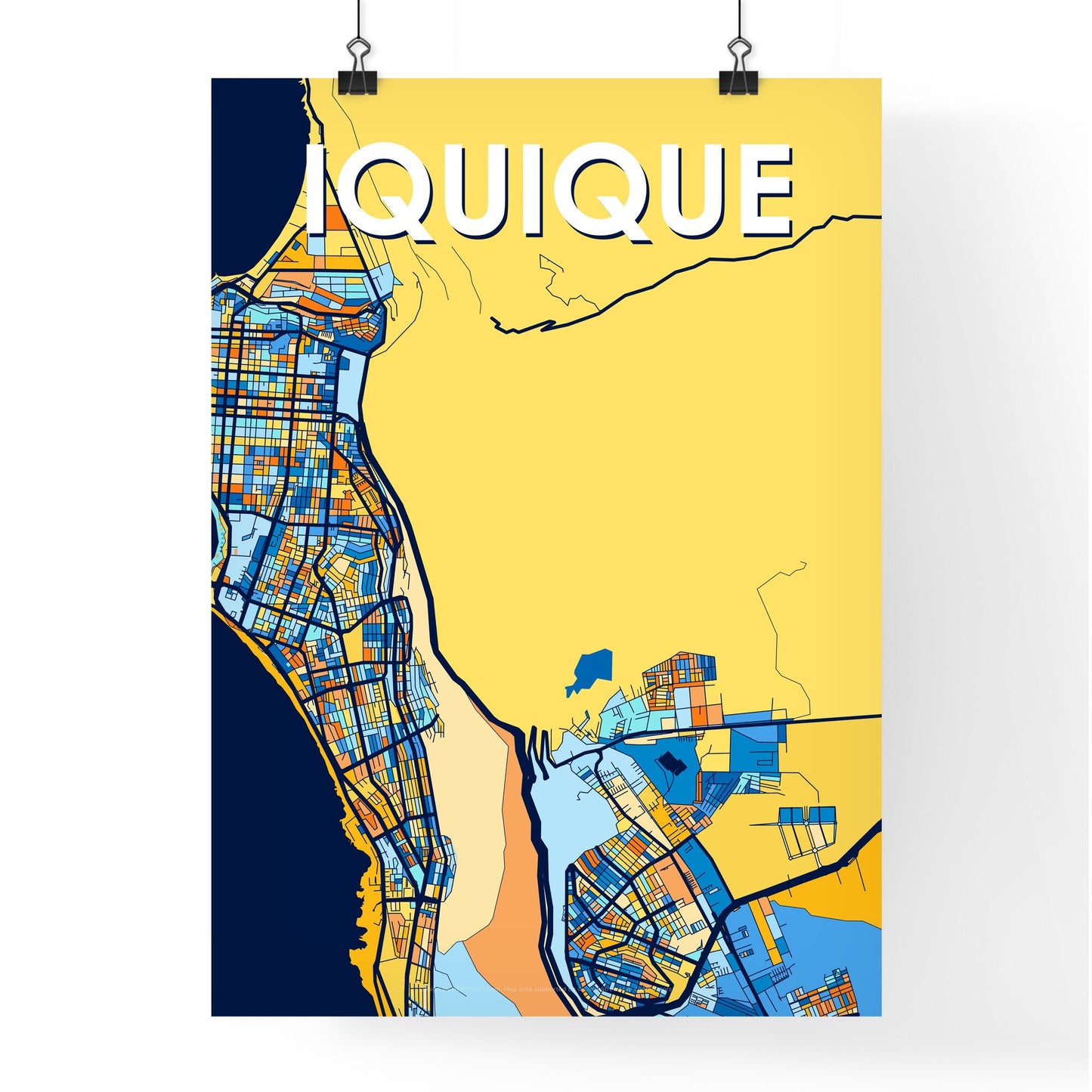 IQUIQUE CHILE Vibrant Colorful Art Map Poster Blue Orange