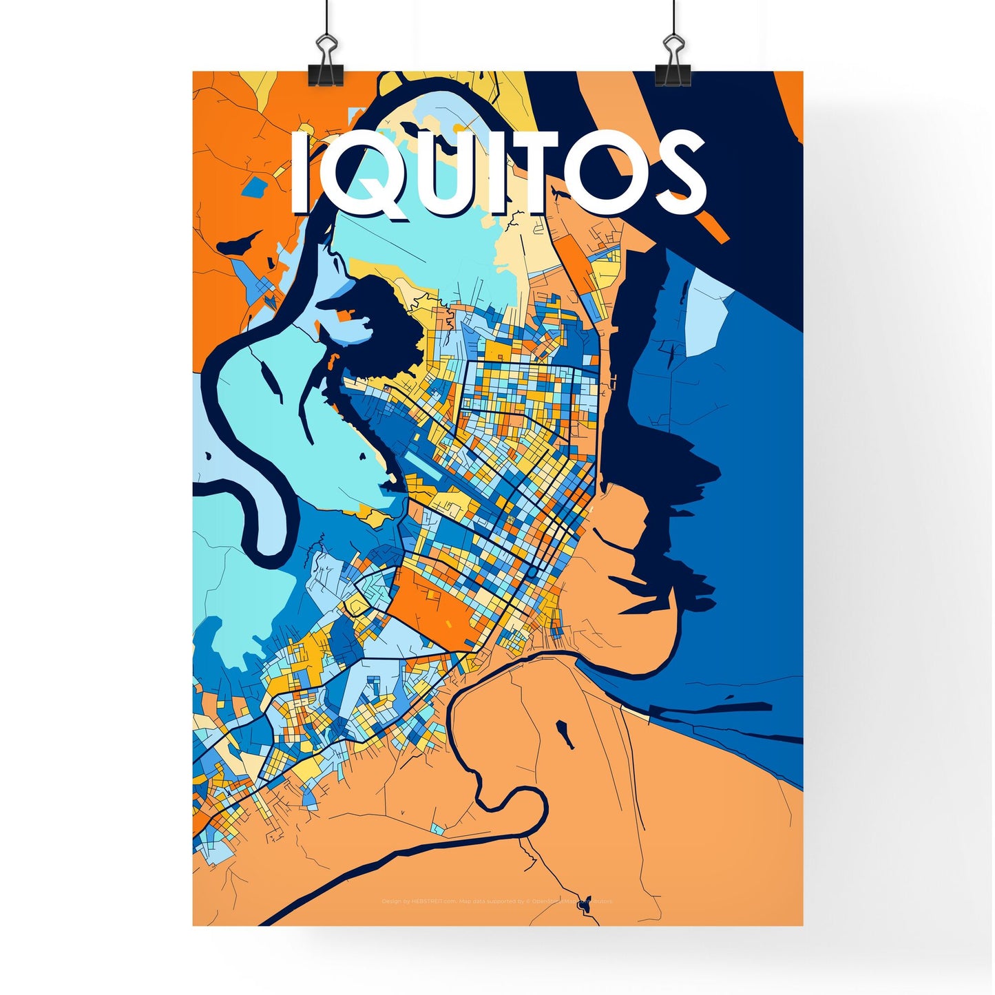 IQUITOS PERU Vibrant Colorful Art Map Poster Blue Orange