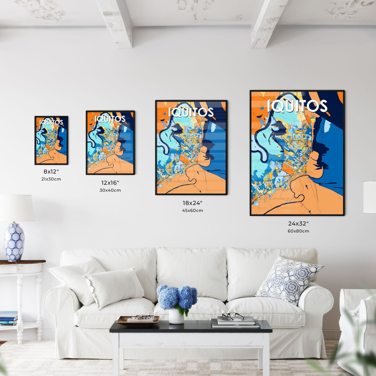 IQUITOS PERU Vibrant Colorful Art Map Poster Blue Orange