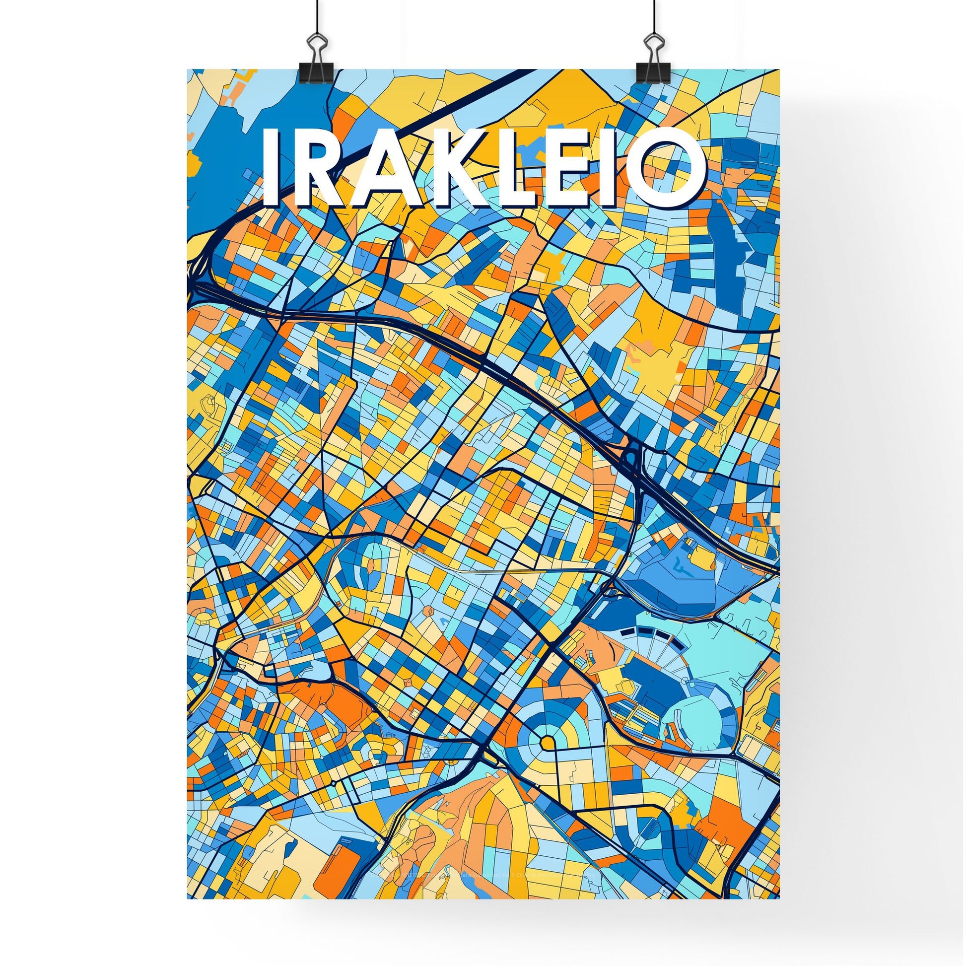 IRAKLEIO GREECE Vibrant Colorful Art Map Poster Blue Orange