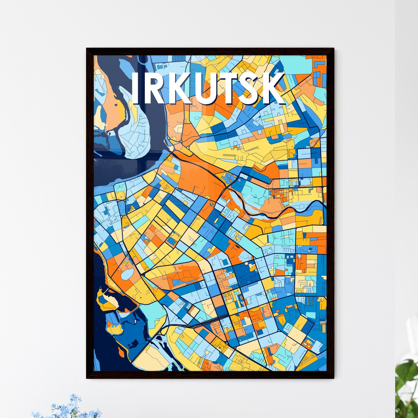 IRKUTSK RUSSIA Vibrant Colorful Art Map Poster Blue Orange