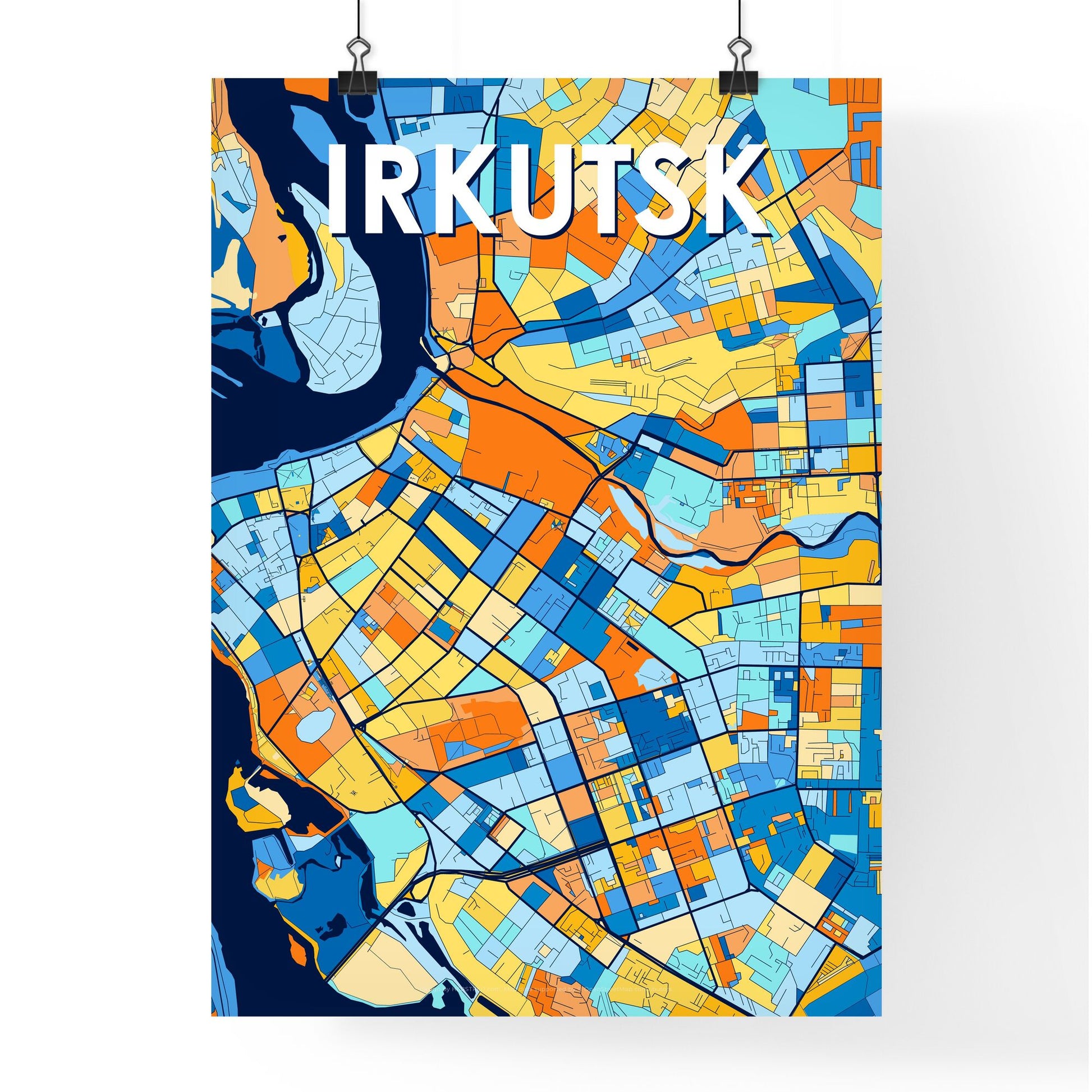 IRKUTSK RUSSIA Vibrant Colorful Art Map Poster Blue Orange