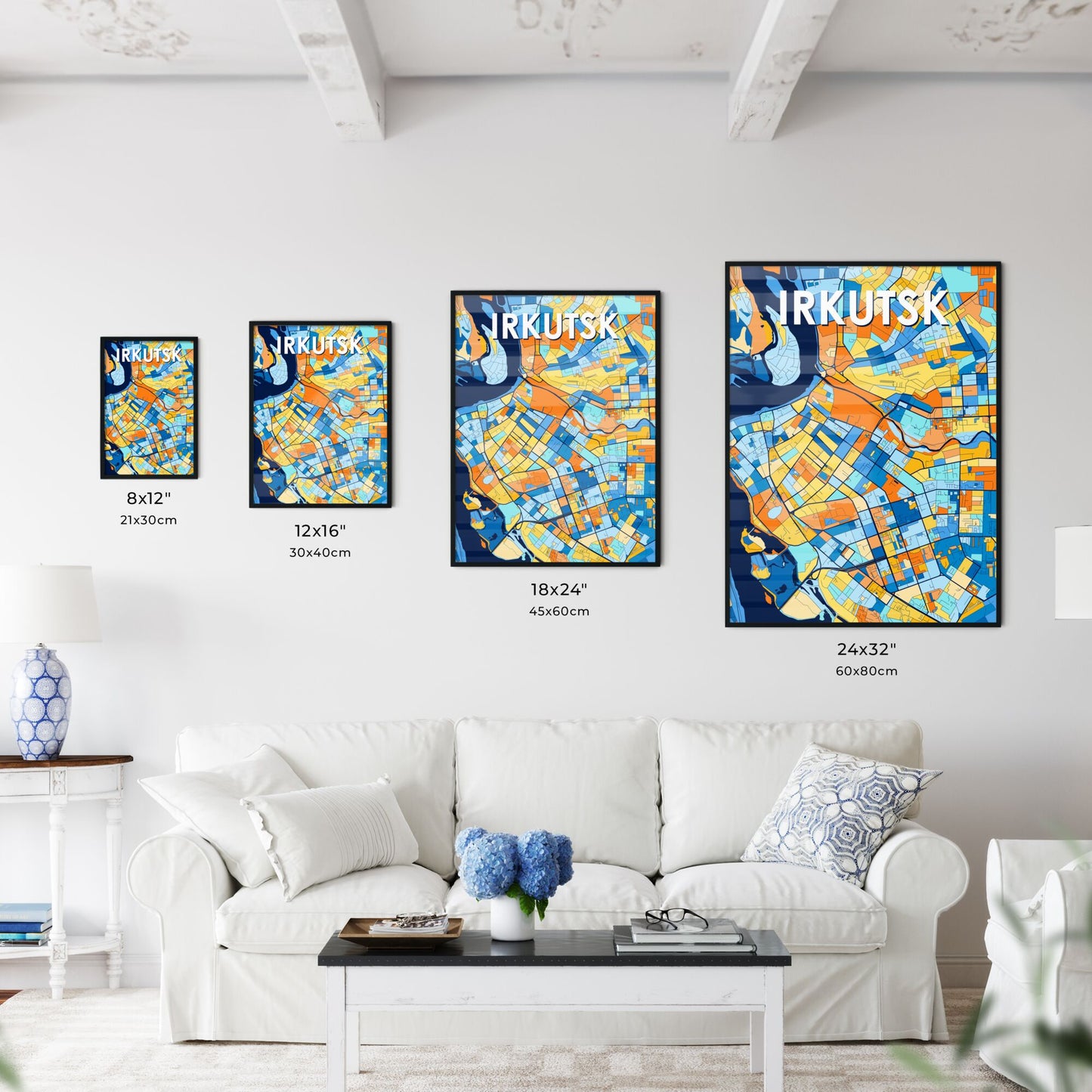 IRKUTSK RUSSIA Vibrant Colorful Art Map Poster Blue Orange